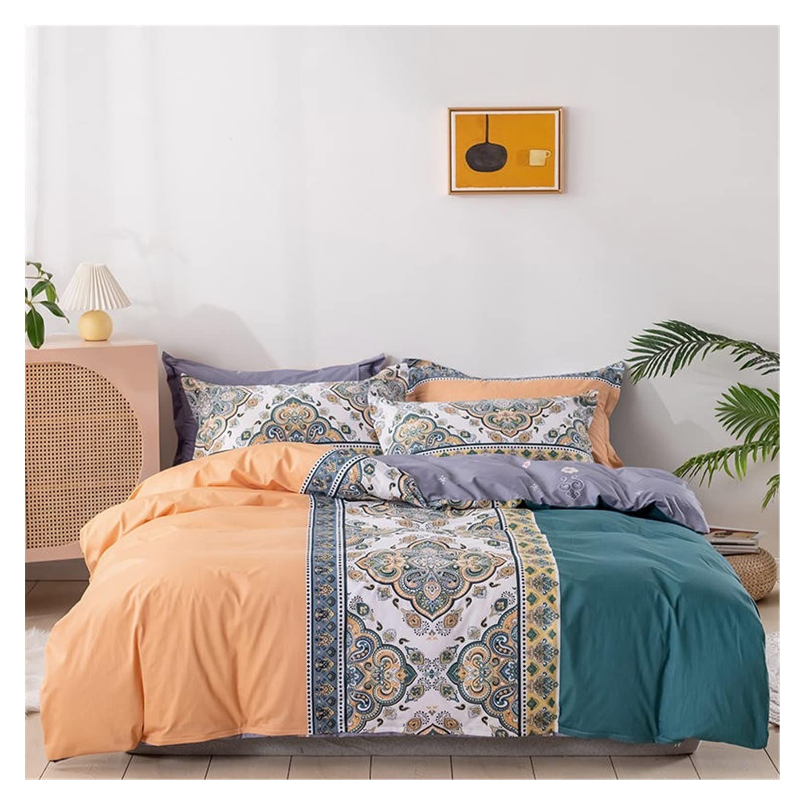 SHIJIE1701AA 4-Piece Bohemian Style Cotton Duvet Cover Set - Queen/King Size Breathable Bedding with Double Zipper | Soft Comforter Set for Cozy Bedroom Decor & Guest Room Essentials