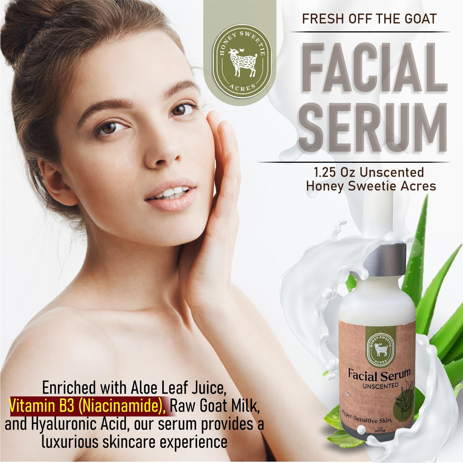 Honey Sweetie Acres Vitamin B Facial Serum with Aloe, Niacinamide, Raw Goat Milk & Hyaluronic Acid – 1.25 oz | Hydrating & Brightening Face Serum for Dry, Sensitive Skin | Day & Night Skincare Routine