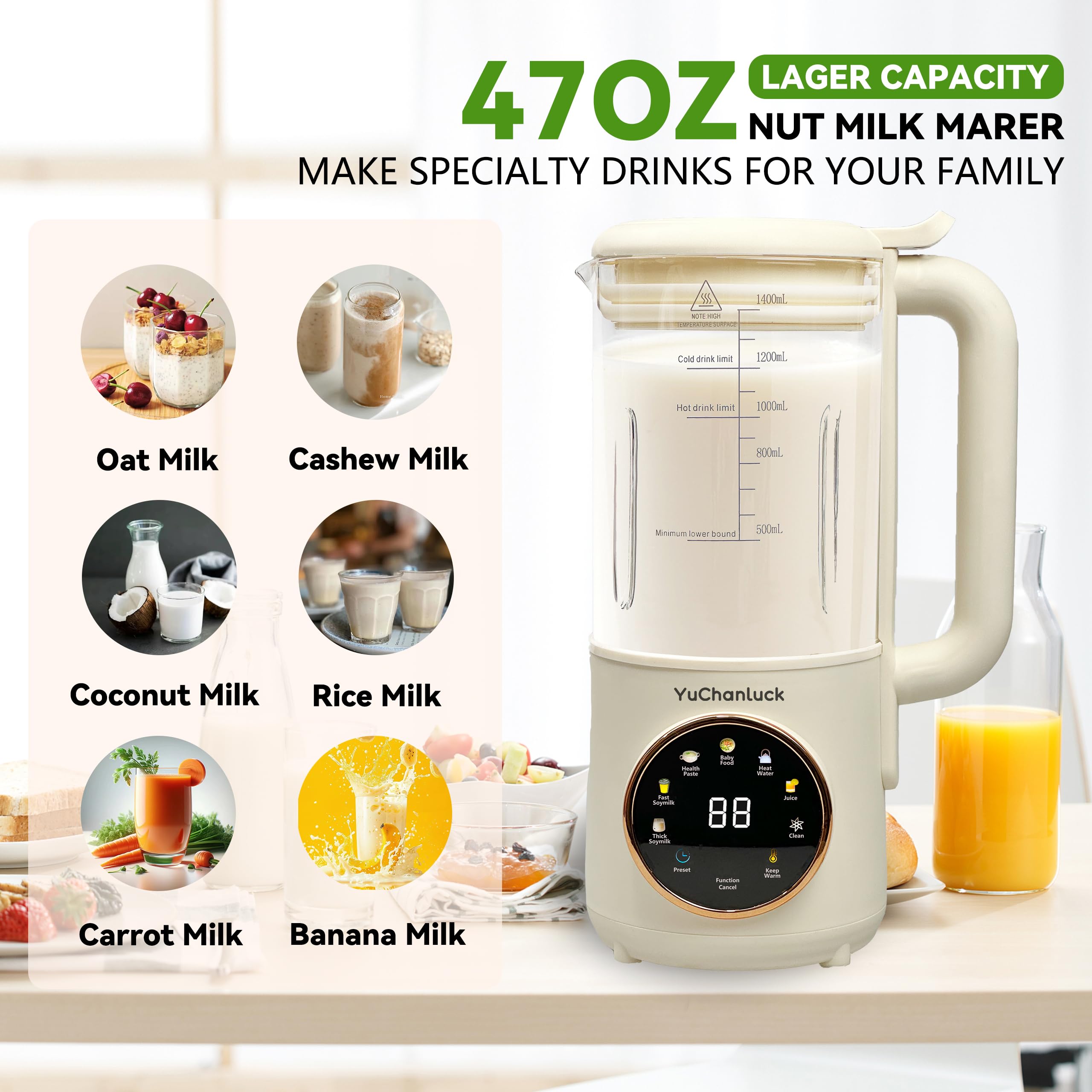 Electric Nut Milk Maker Machine 47oz - Homemade Almond, Soy, Oat & Coconut Milk Maker with Self-Cleaning, 24H Timer & Keep Warm - Perfect for Vegan, Dairy-Free Diets & Baby Food Preparation at Home