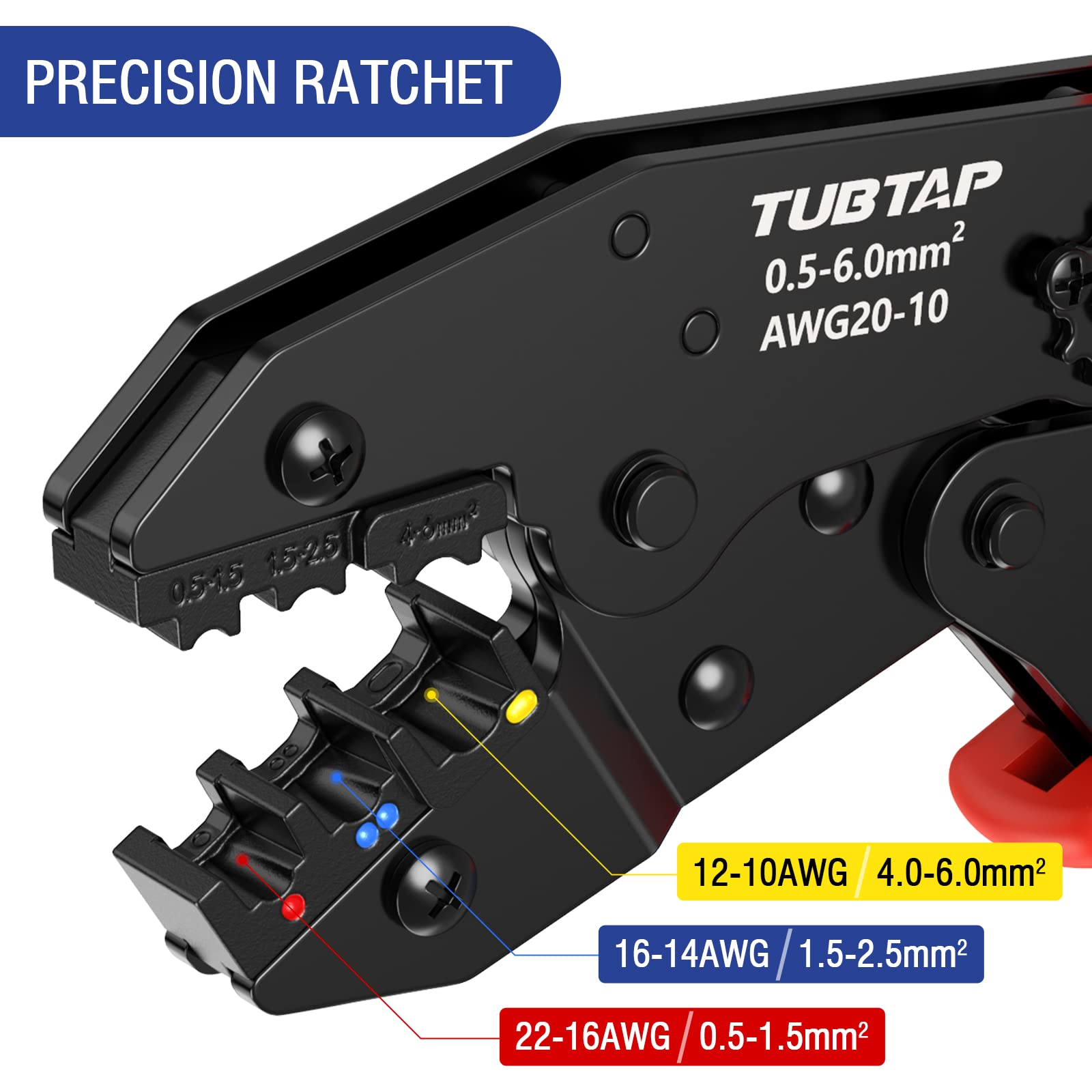Professional TUBTAP Ratcheting Crimping Tool for Electrical Connectors [AWG 20-10] - Wire Crimper for Heat Shrink & Insulated Nylon Connectors (0.5-6.0mm²) - Perfect for Automotive, Marine, and Home Electrical Wiring Projects