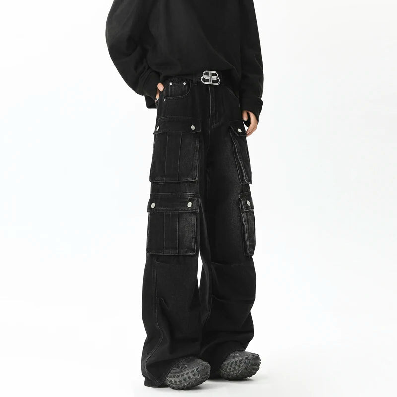 American Style Men's Black Denim Pants - High Street Multi-Pocket Workwear, Loose Straight Leg Trendy Jeans (9C9262) | Perfect for Casual Wear, Work & Street Fashion