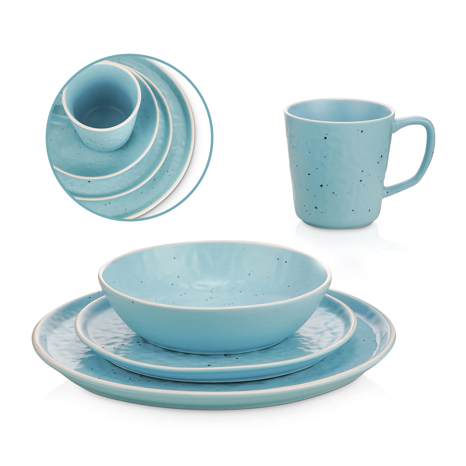 Elena Stoneware 16-Piece Round Dinnerware Set in Blue - Service for 4, Durable Stone Lain Ceramic Plates & Bowls for Everyday Dining, Family Gatherings & Restaurant Use