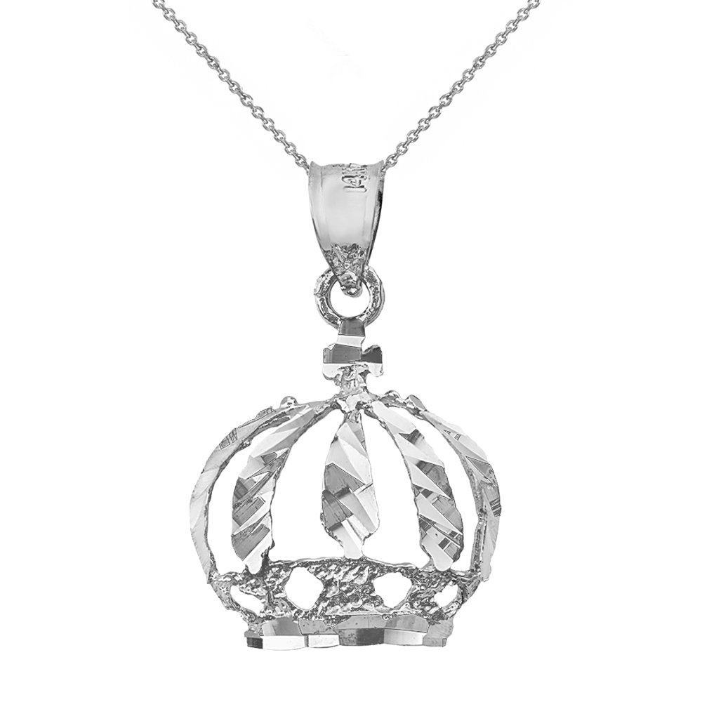 14K White Gold Crown Charm Pendant Necklace for Women - Royal Gift