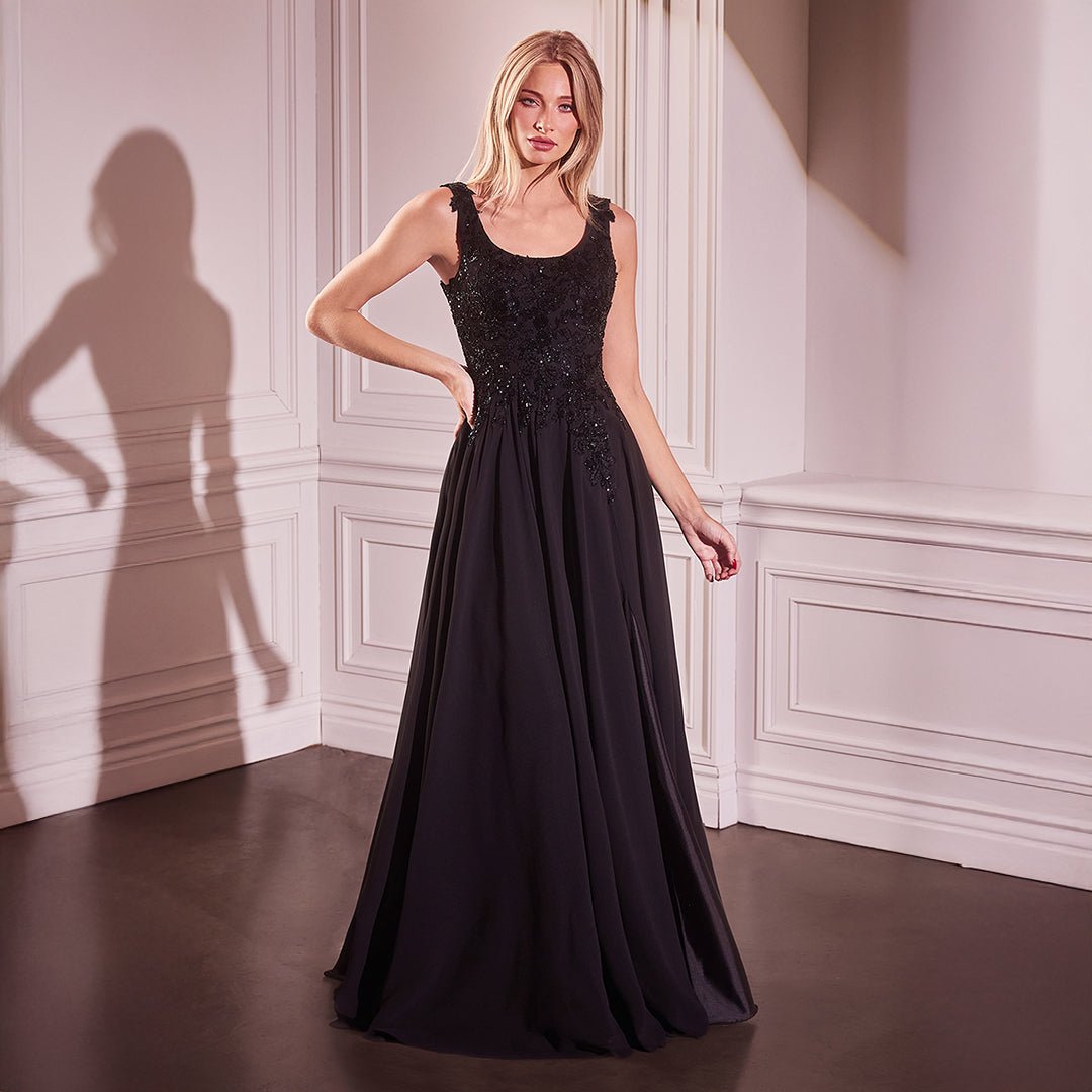 Ladivine by Cinderella Divine Black Sleeveless Beaded Capelet A-Line Gown for Evening Gala, Prom, Wedding, and Special Occasions
