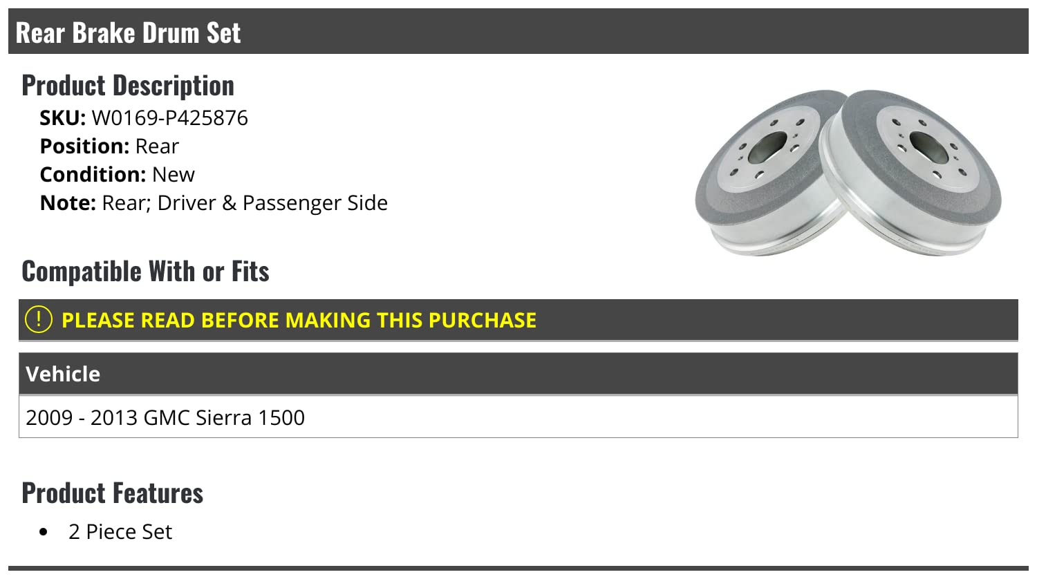 Rear Brake Drum Set of 2 - Compatible with 2009-2013 GMC Sierra 1500 Pickup Truck - Durable Replacement Brake Drums for Smooth Braking Performance - Perfect for Off-Roading, Towing & Daily Commuting