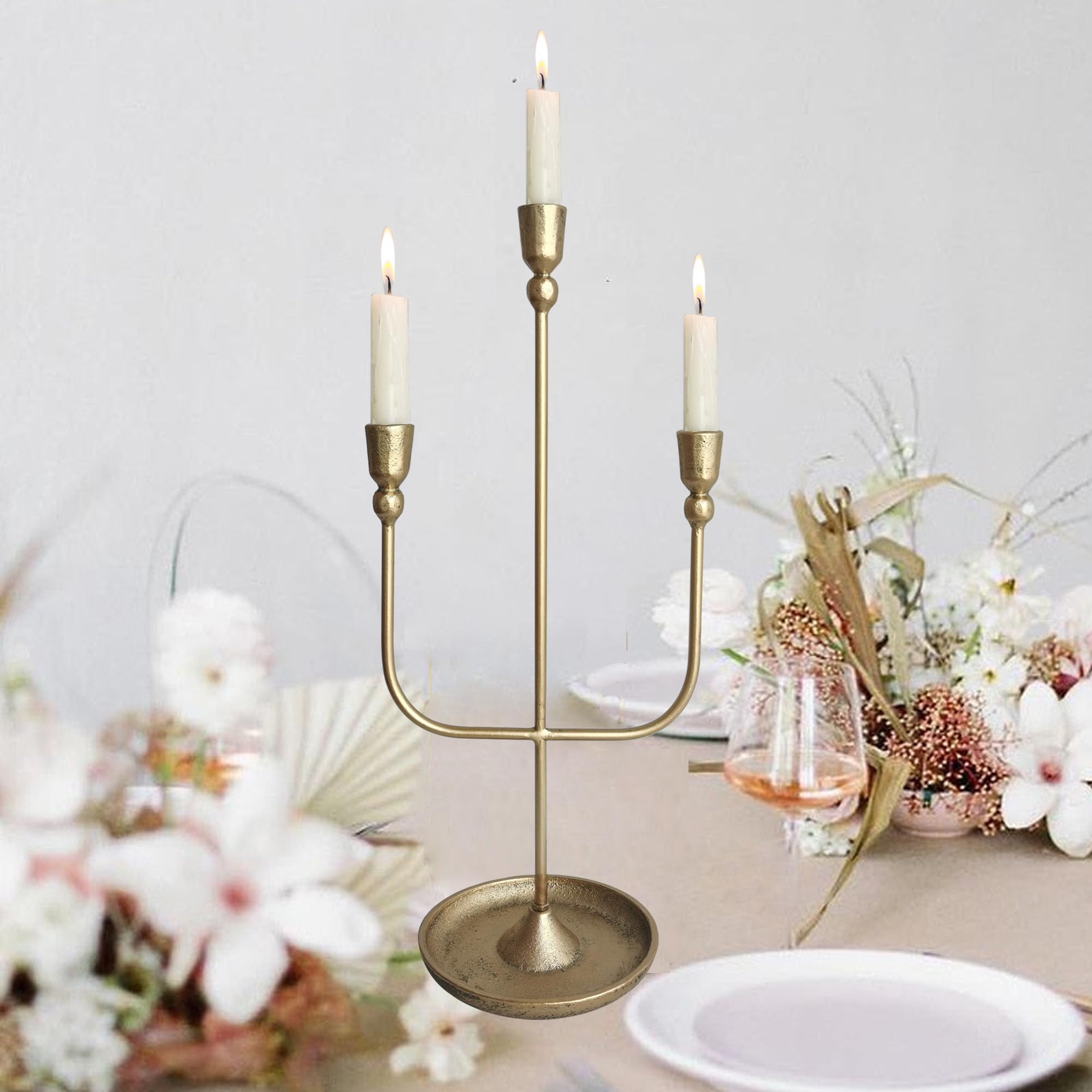 3-Piece Brass Finish Metal Candelabra Set - 20.5 Inch Tall Iron Candle Holders for Wedding Centerpieces, Dining Table Decor & Romantic Home Ambiance