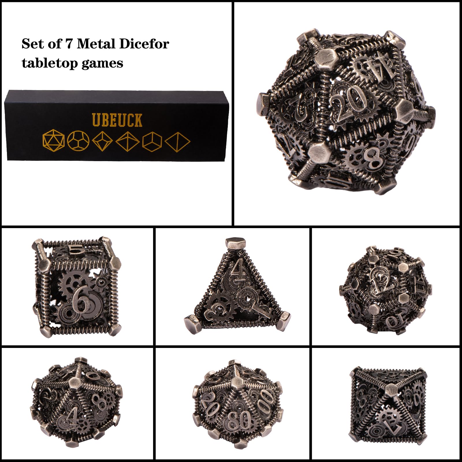 UBEUCK 7-Piece Metal D&D Dice Set - Ancient Nickel Gear Style for Dungeons & Dragons RPG Games | Perfect for Tabletop Gaming, D&D Campaigns & Collector's Display