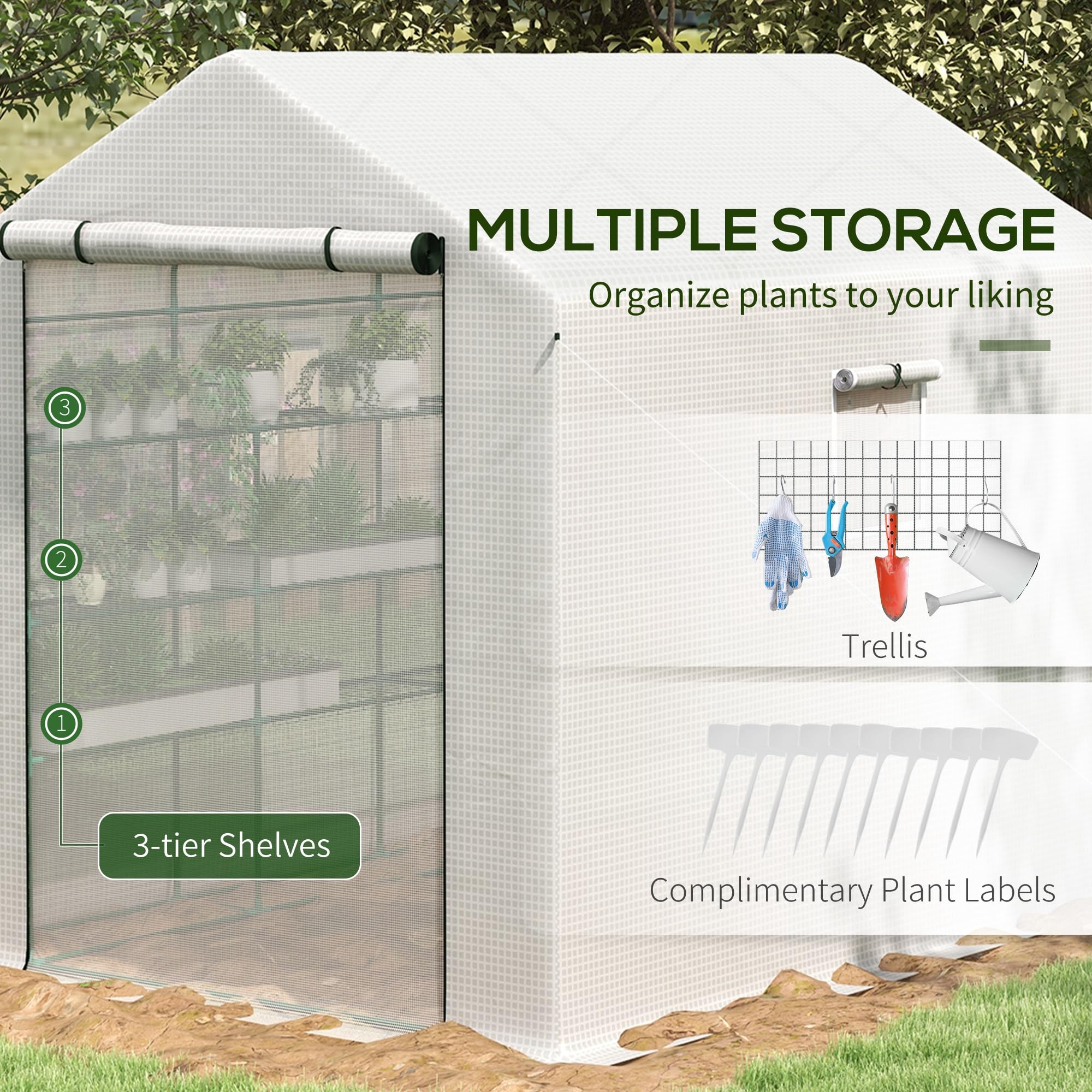 Outsunny 8' x 6' x 7' Walk-in Greenhouse with Mesh Door & Windows - 18 Shelf Plant House with Trellis & Plant Labels - UV Protected for Growing Flowers, Herbs, Vegetables & Saplings - Perfect for Backyard Gardening, Urban Farming & Year-Round Plant Protection (White)