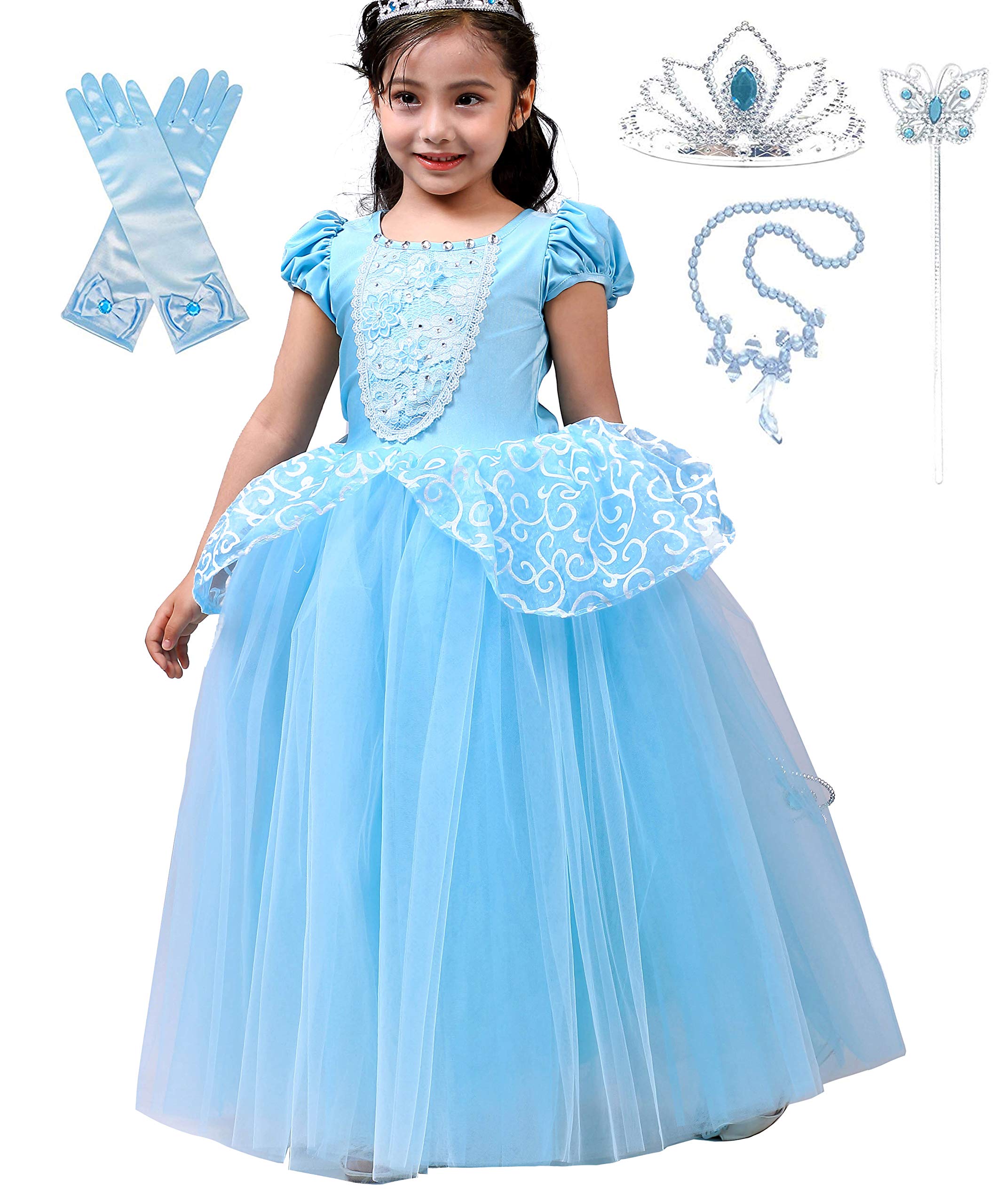 Lito Angels Girls Princess Blue Dress Up Costume - Halloween Fancy Party Ball Gown with Accessories for Kids Birthday, Cosplay & Photo Shoots
