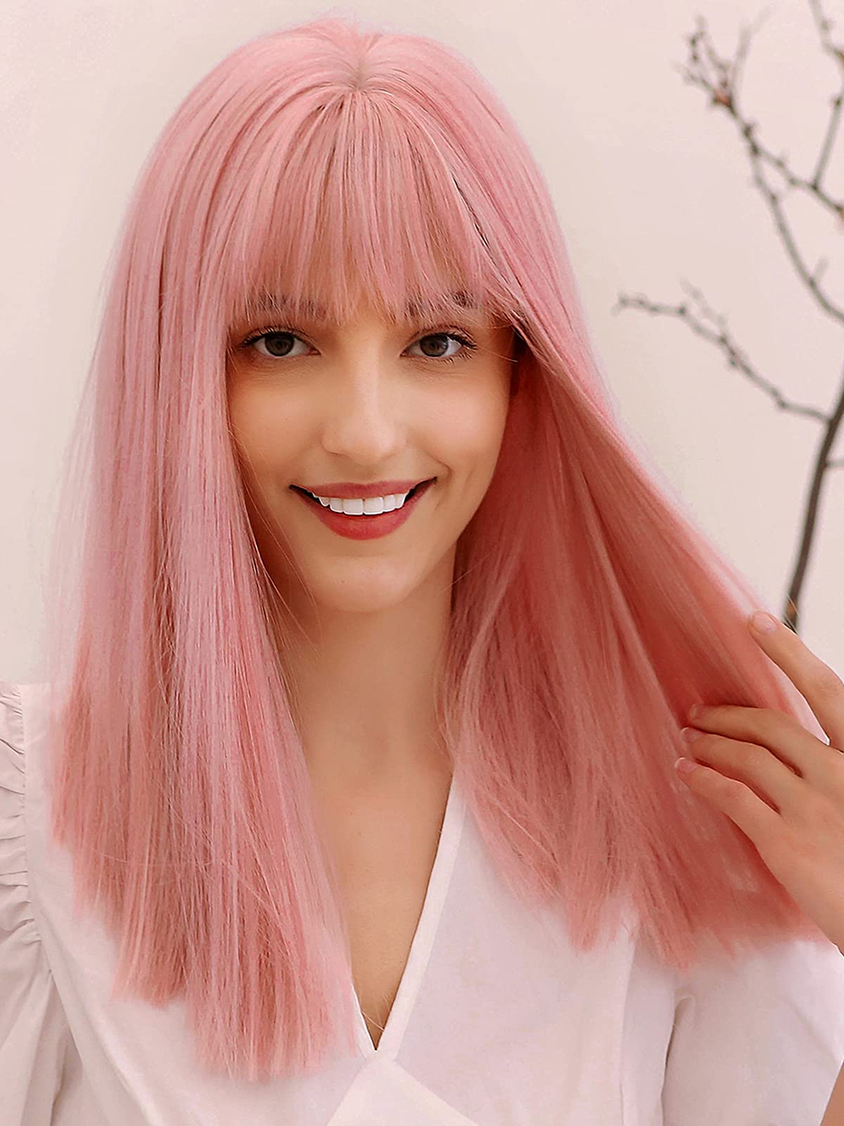 Happy Cherry Light Pink Long Straight Synthetic Wigs for Women with Bangs - Heat Resistant Natural Look Cosplay & Party Wig - Perfect for Halloween, Costume Parties, Anime Conventions and Daily Fashion