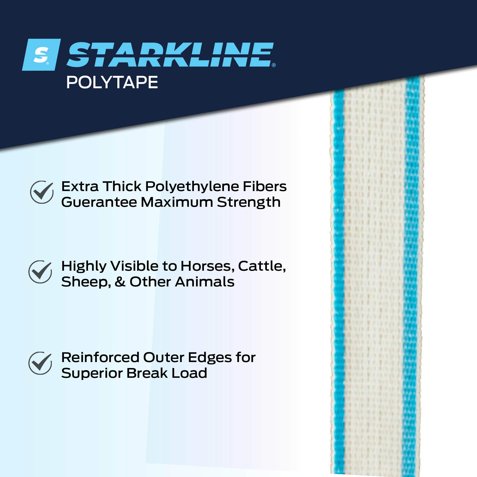 Starkline 1 Inch Electric Fence Polytape 656 Feet - White/Blue Horse & Livestock Electric Fencing for Pasture, Farm, and Equine Safety | Durable, High Visibility Barrier for Animals