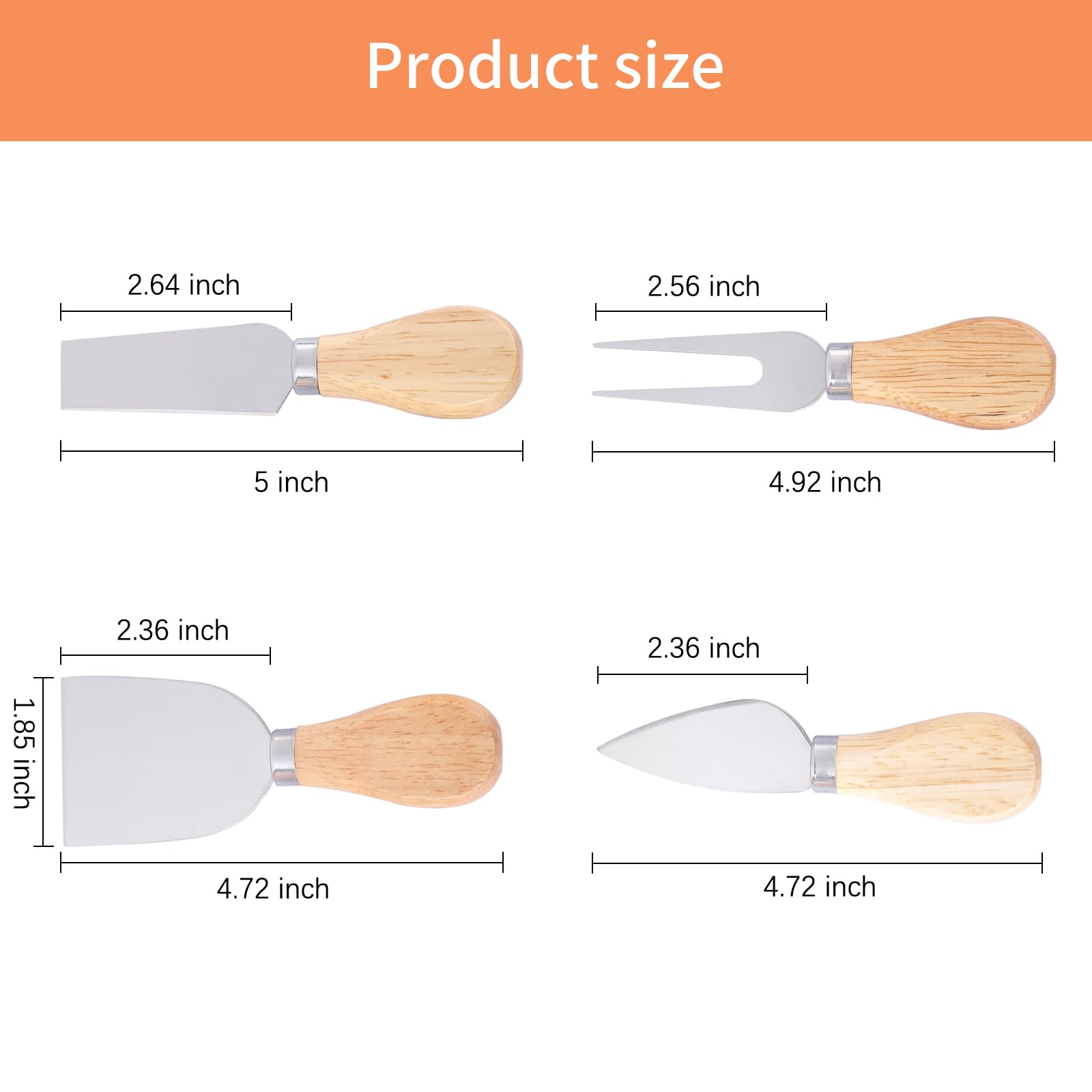 Premium 4-Piece Cheese Knives Set - Stainless Steel Cheese Knife, Fork, Slicer & Butter Knife with Ergonomic Rubberwood Handle - Perfect for Charcuterie Boards, Cheese Platters & Wine Pairing Parties