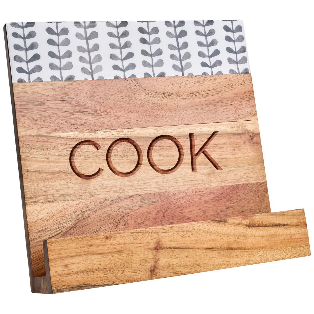 Premium Acacia Wood Cookbook Stand with Black & White Enamel Finish | 11x11 Inch Kitchen Organizer | Perfect for Baking, Cooking & Recipe Reading