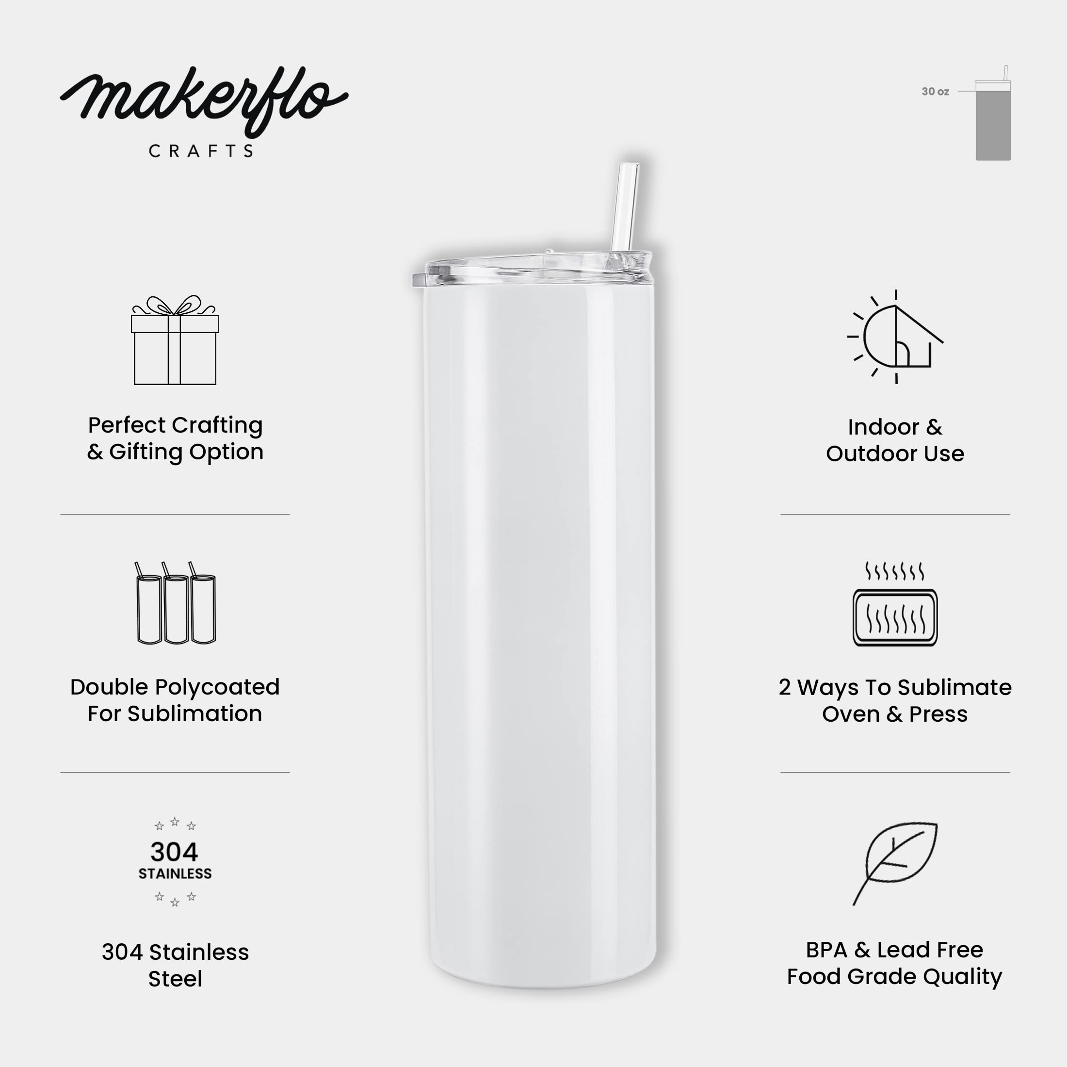 Makerflo 30 oz White Skinny Sublimation Blank Tumbler with Lid & Straw - Pack of 25 | DIY Customizable Tumbler for Sublimation, Epoxy, UV DTF, Vinyl & Laser Engraving | Perfect for Personalized Gifts, Promotional Items & Craft Projects
