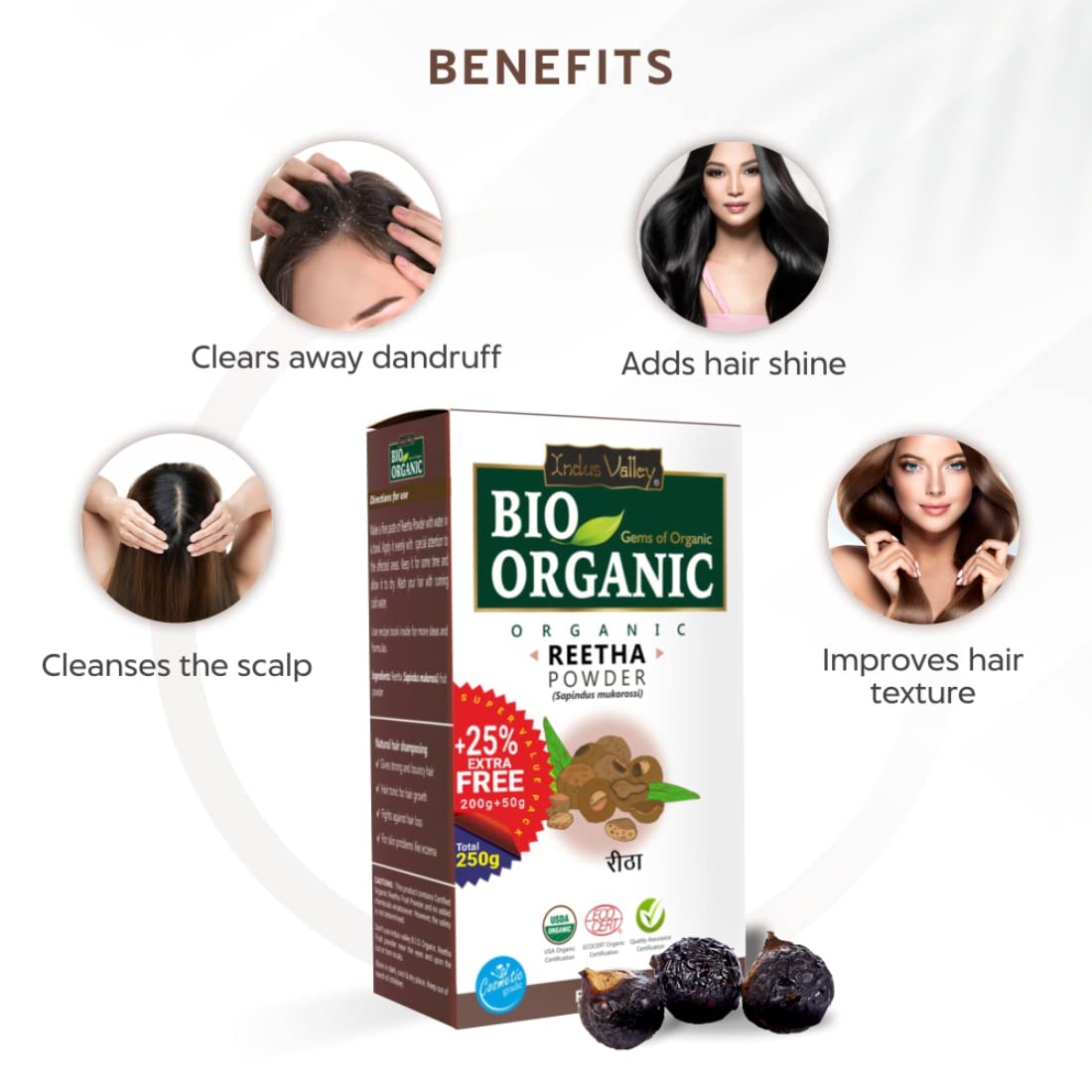 INDUS VALLEY Bio Organic Reetha Powder (Sapindus mukorossi) | 100% Organic & Chemical Free Skin Cleanser | 200g + 50g Free | Natural Hair & Body Wash for Sensitive Skin | Perfect for DIY Beauty & Ayurvedic Skincare