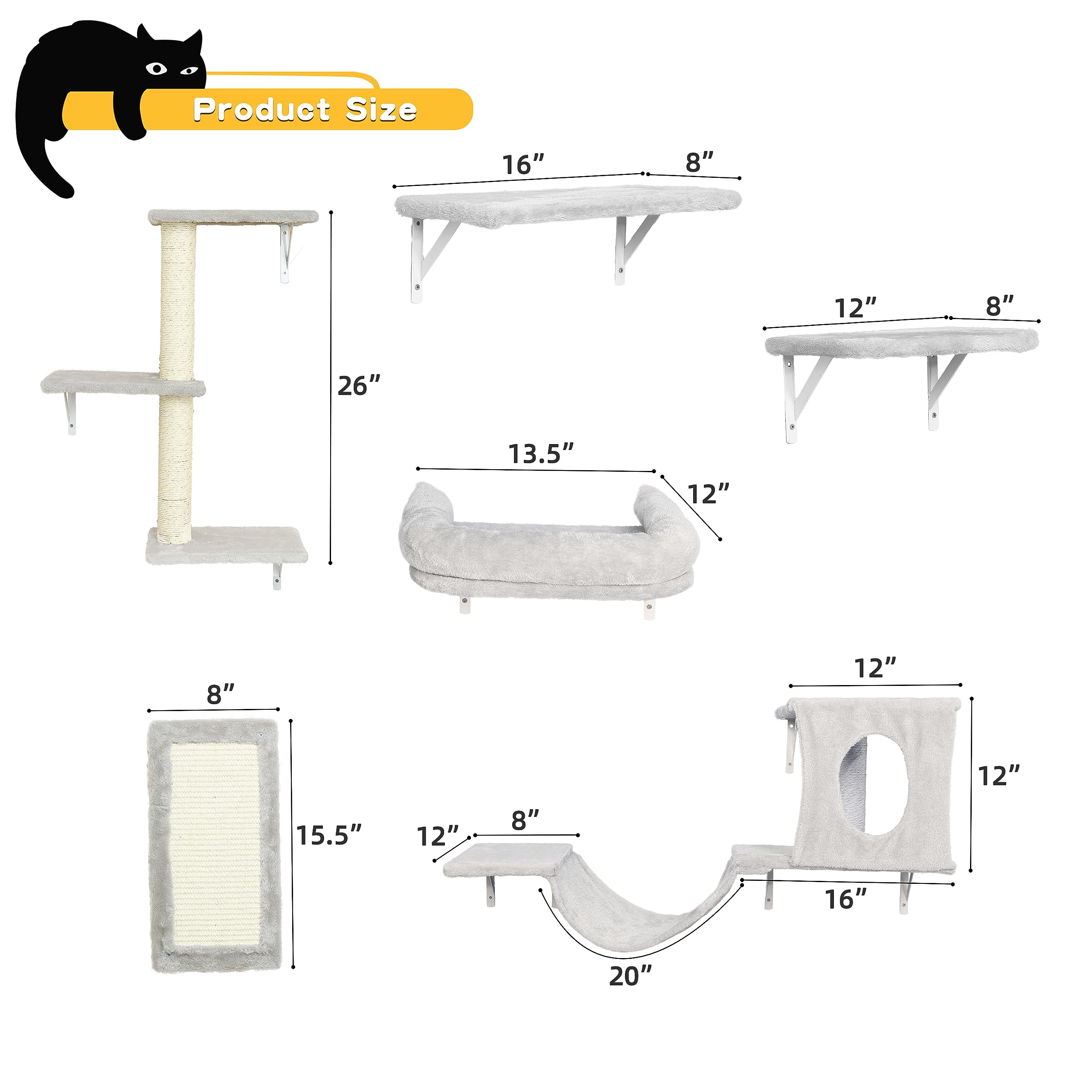NUNU LAB 6-Piece Wall Mounted Cat Furniture Set - Cat Climber with House, Bridge, Tree, Steps & Scratcher, DIY Cat Wall Playground, Grey Indoor Cat Shelves for Active Cats - Perfect for Small Spaces & Cat Enrichment