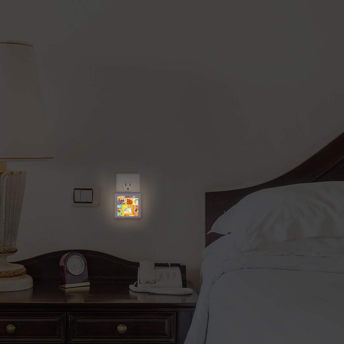 Dimmable LED Night Light with Auto On/Off Sensor - Adjustable Brightness Warm White for Bathroom, Hallway, Nursery & Bedrooms - Cat Collage Design by Dan Morris - Perfect for Nighttime Safety & Comfort
