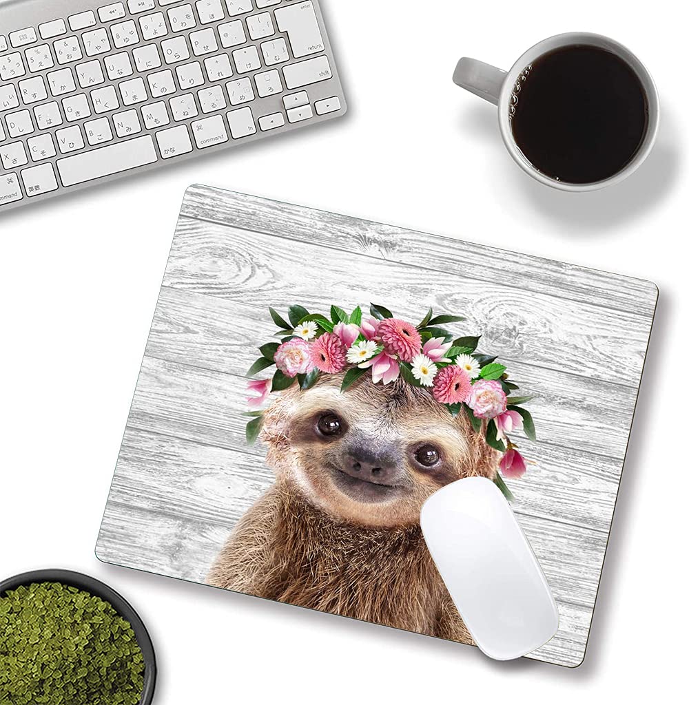 Cute Sloth Floral Mouse Pad - Non-Slip Rubber Base, Waterproof Square Mouse Mat for Office & Laptop - Perfect Gift for Women & Girls (Home, Office, Gaming Setup)