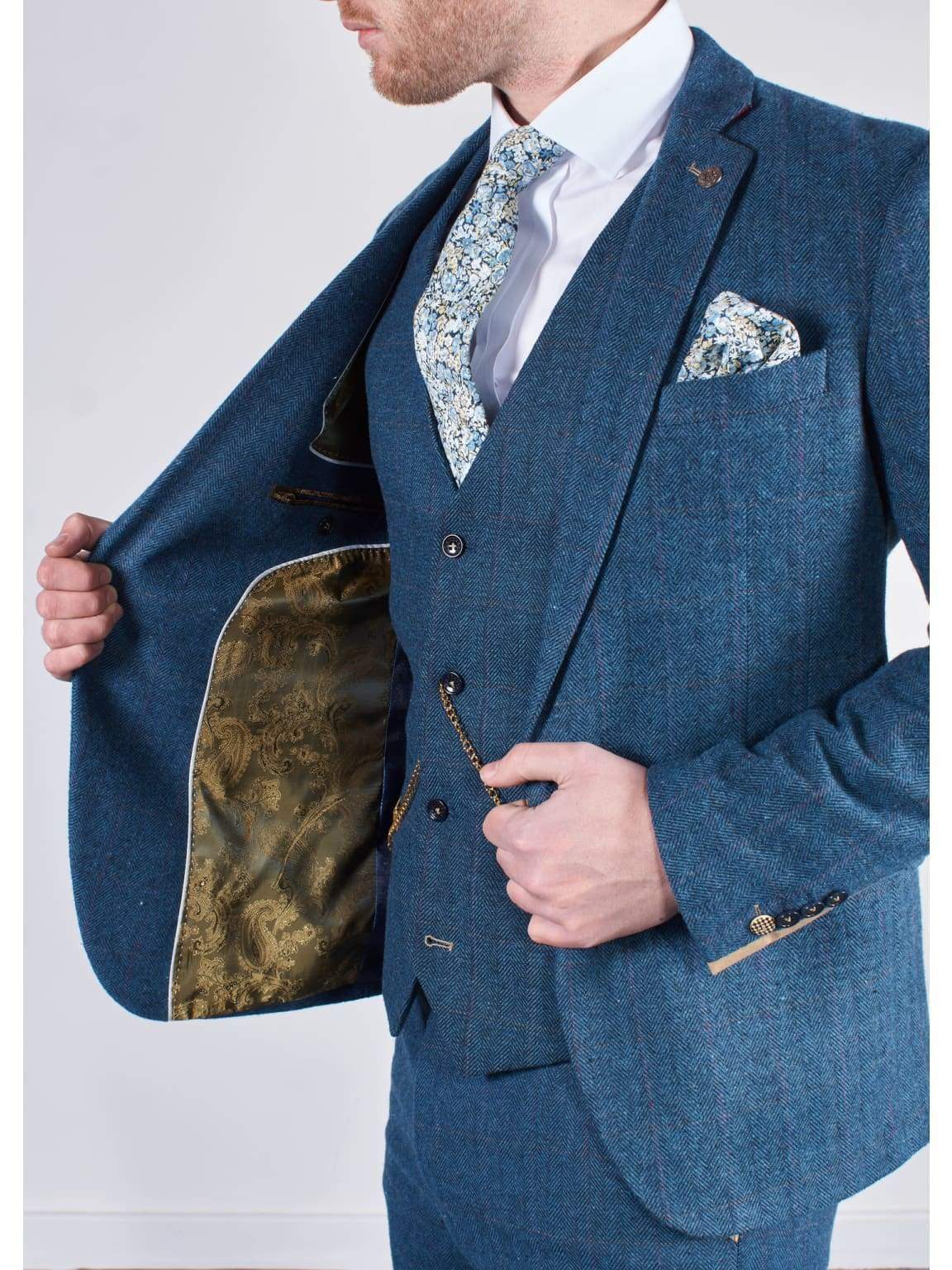 Marc Darcy Dion Teal Blue Tweed Slim Fit Wedding 3 Piece Suit for Groom, Best Man & Formal Events - Perfect for Weddings, Prom & Special Occasions