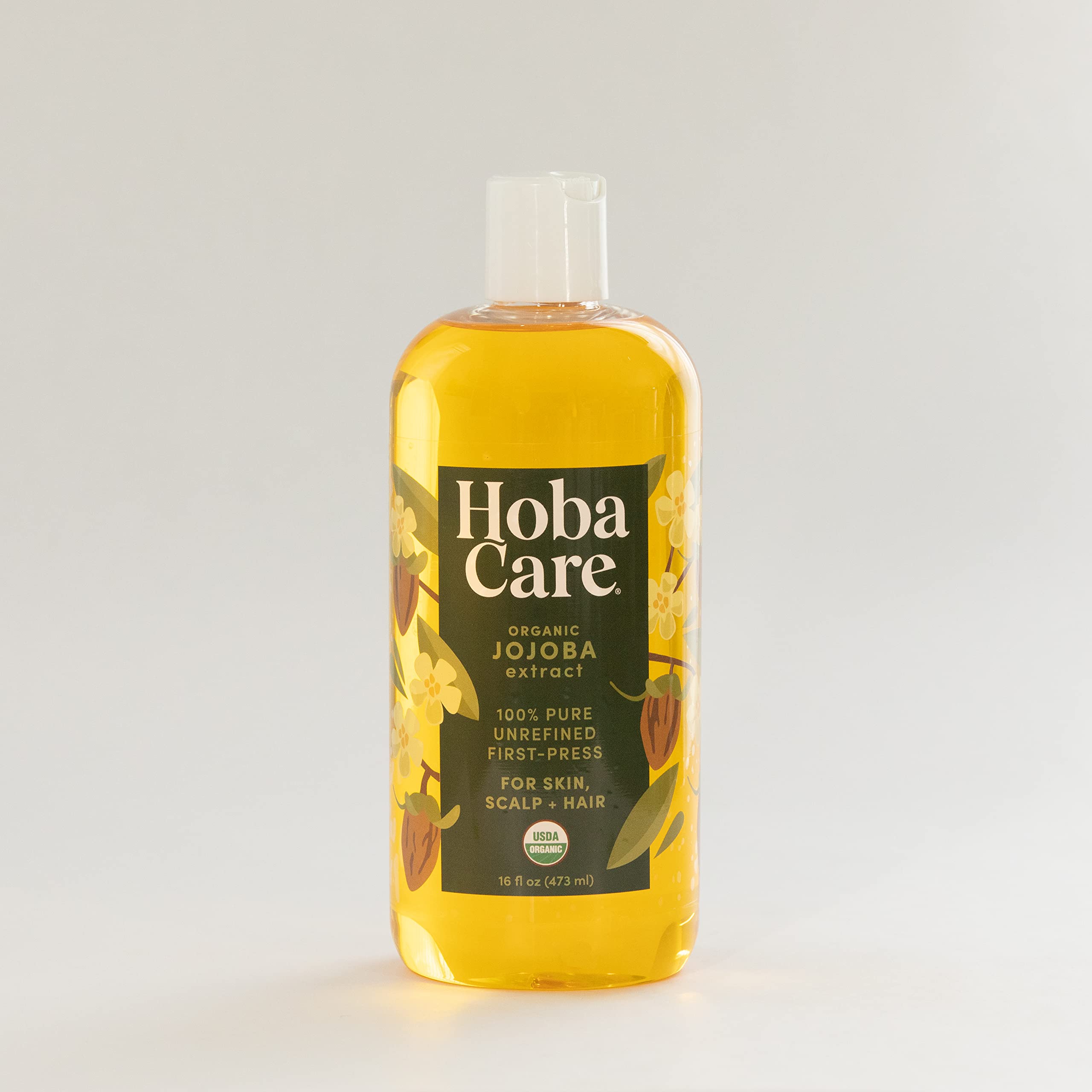 HobaCare Organic Jojoba Oil - 100% Pure, Unrefined Cold Pressed Jojoba Oil for Skin, Hair & Nails - Natural Moisturizing Body Oil & Face Moisturizer for Dry Skin - Beard Care & Scalp Treatment - Perfect for Daily Skincare Routine & DIY Beauty Recipes (16 fl oz)