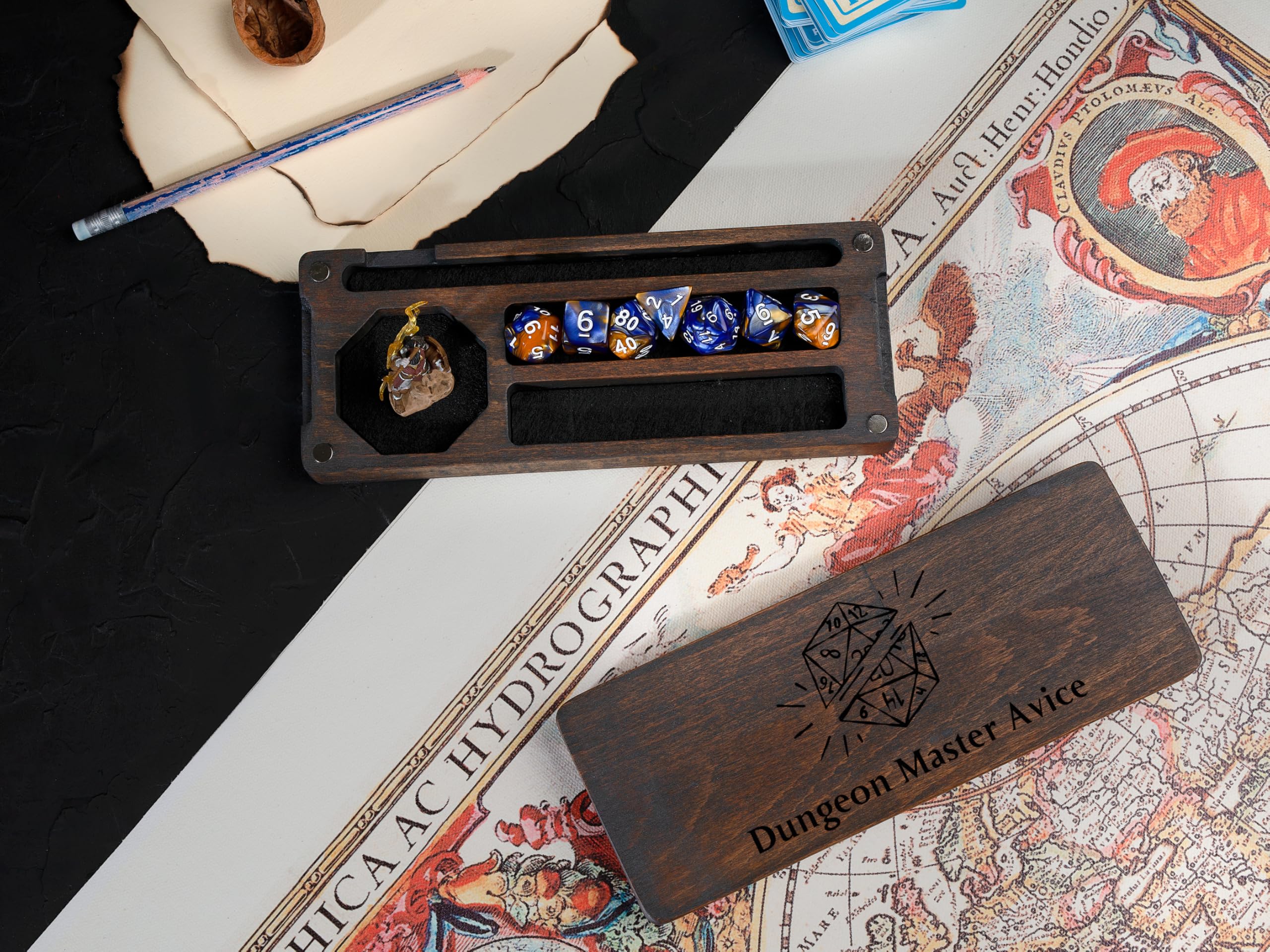 Personalized Wooden DnD Dice Box with Magnetic Lid - Dice Storage Tray & Travel Holder for Tabletop RPG Games - Perfect Gift for Dungeons & Dragons Players - Use for Game Nights, Conventions & Roleplaying Adventures