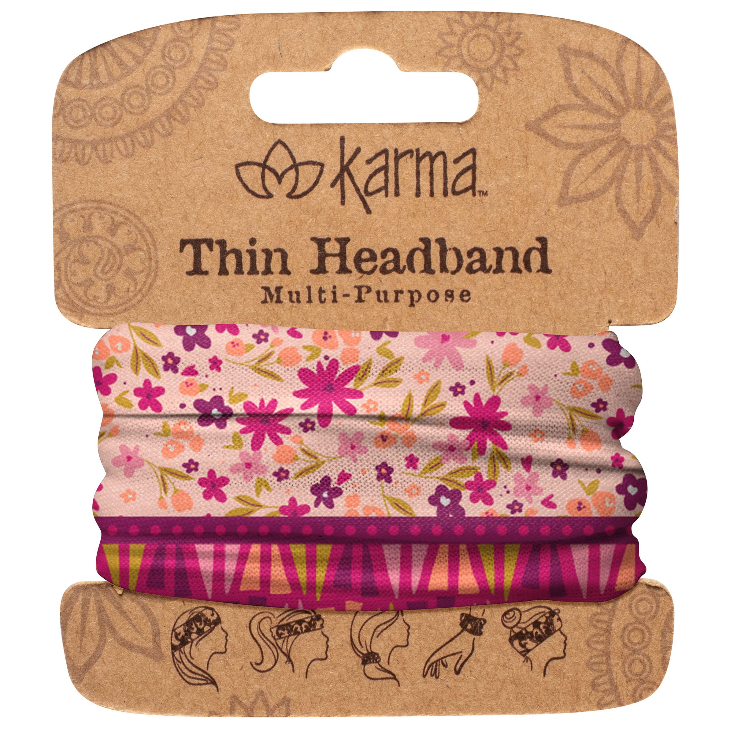 Karma Peach Split Floral Headband for Women - Thin Fabric Headband & Stretchy Hair Scarf in Berry Pink - Perfect for Yoga, Running, Workouts and Everyday Fashion Accessory