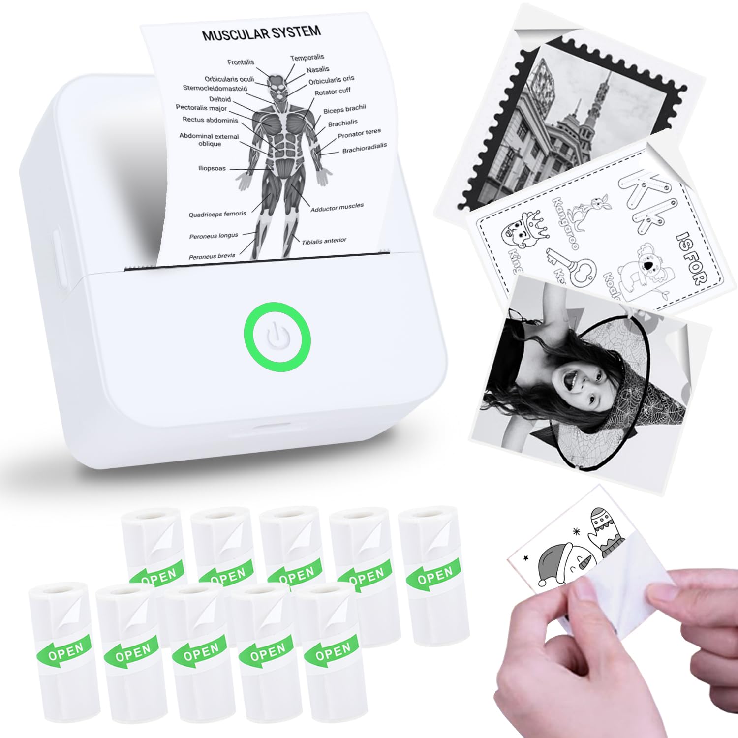 Mini Sticker Printer - Portable Inkless Thermal Sticker Maker Machine with 10 Sticker Paper Rolls for Labels, Notes & DIY Crafts | Compatible with Phone & Tablet | Perfect for Scrapbooking, Journaling & Home Organization (White)