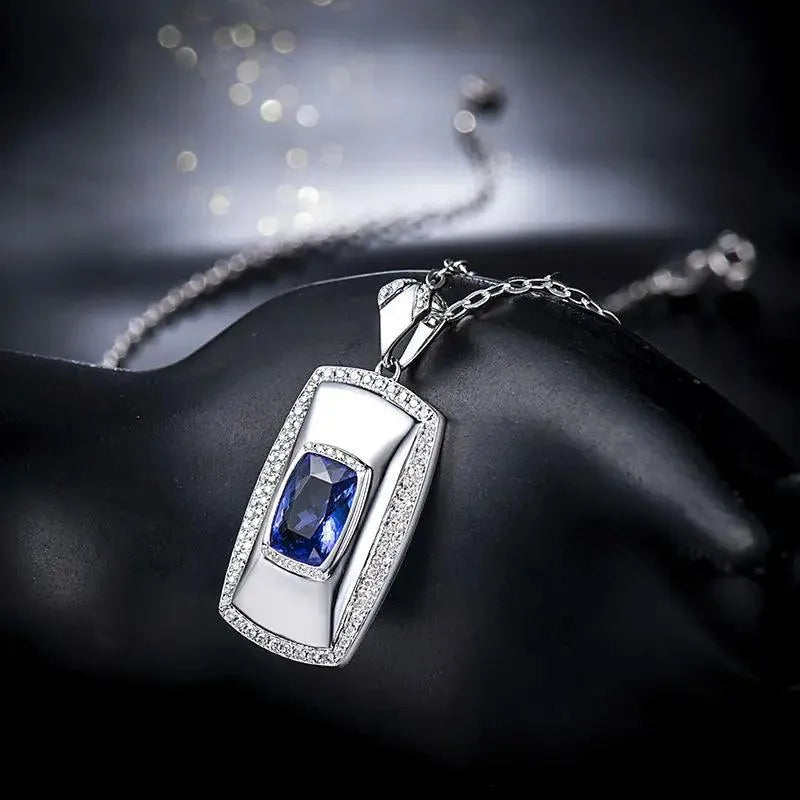 18K White Gold Men's Tanzanite Diamond Pendant Necklace - 7x10mm Cushion Cut Natural Gemstone Jewelry Gift for Husband, Boyfriend, Anniversary & Special Occasions