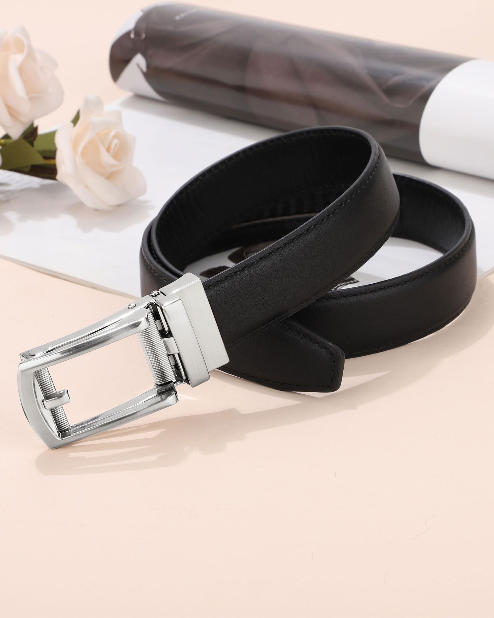 AWAYTR Boys Ratchet Belt for Kids - Adjustable Leather Belts for Dress Pants, Uniform & Jeans | Black & Brown | Perfect for School, Church & Special Occasions
