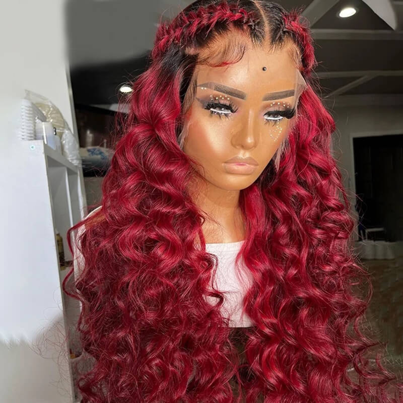 Eullair Ombre 1B/99J Burgundy Loose Wave Human Hair Wig with Lace Frontal for Women - Natural Looking Wigs for Daily Wear, Parties & Special Occasions