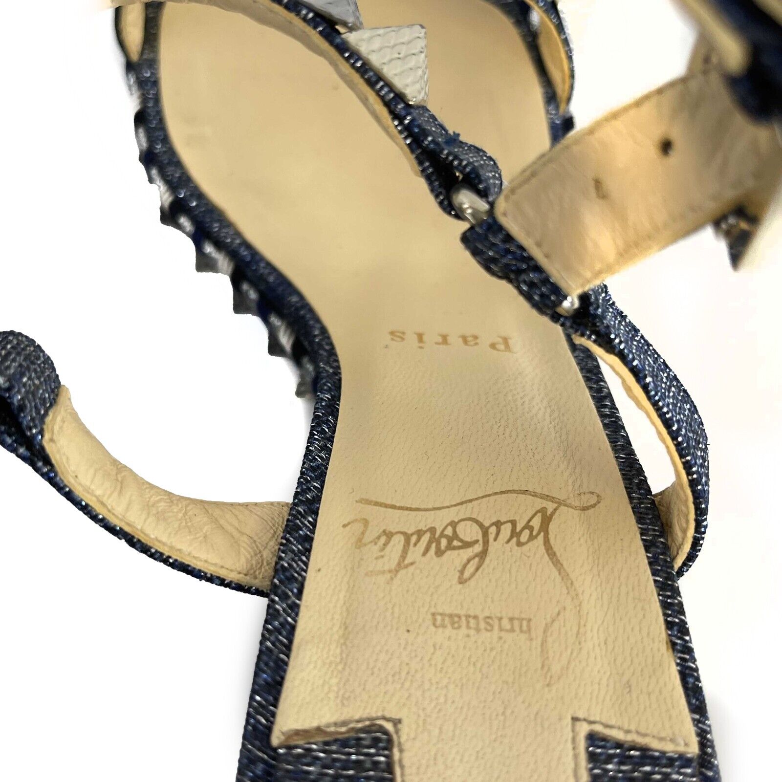 Christian Louboutin Pyraclou Spike Denim Wedge Sandals Women's Size 39 (US 9) - Stylish High Heel Shoes for Parties, Weddings & Evening Events
