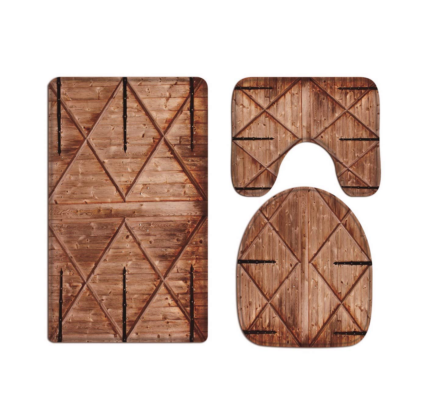 Vintage Farmhouse Wooden Door Abstract Art Decor - Washable Flannel Bath Mat Rug Set & Toilet Seat Covers - Rustic Bathroom Accessories for Cozy Home Decor | Perfect for Farmhouse, Cottage & Rustic Style Bathrooms
