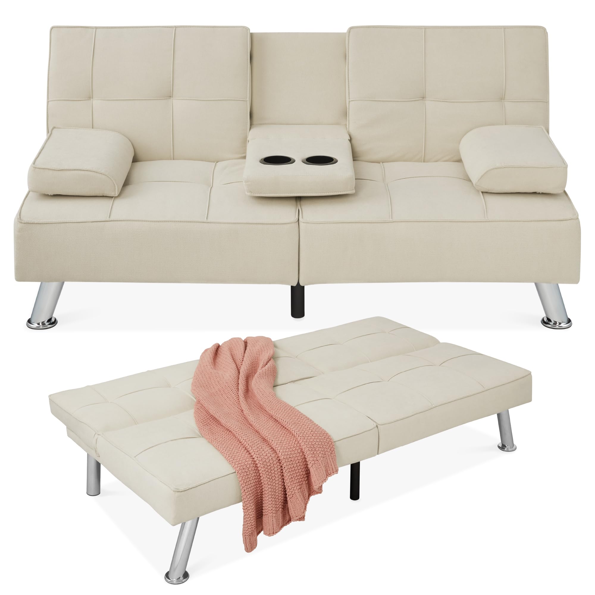 Best Choice Products Modern Folding Futon Sofa Bed - Reclining Linen Convertible Couch with Removable Armrests & 2 Cupholders - Ivory - Perfect for Small Apartments, Dorm Rooms & Guest Rooms