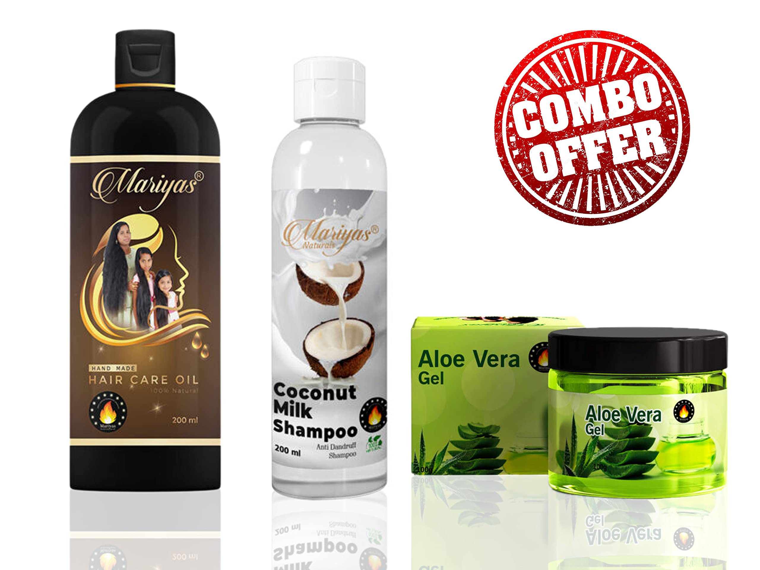Mariyas Herbal Natural Hair Oil 200ml, Coconut Milk Shampoo 200ml & Aloe Vera Hair Gel Set - Organic Hair Care for Dry, Damaged Hair - Perfect for Daily Hydration and Scalp Treatment