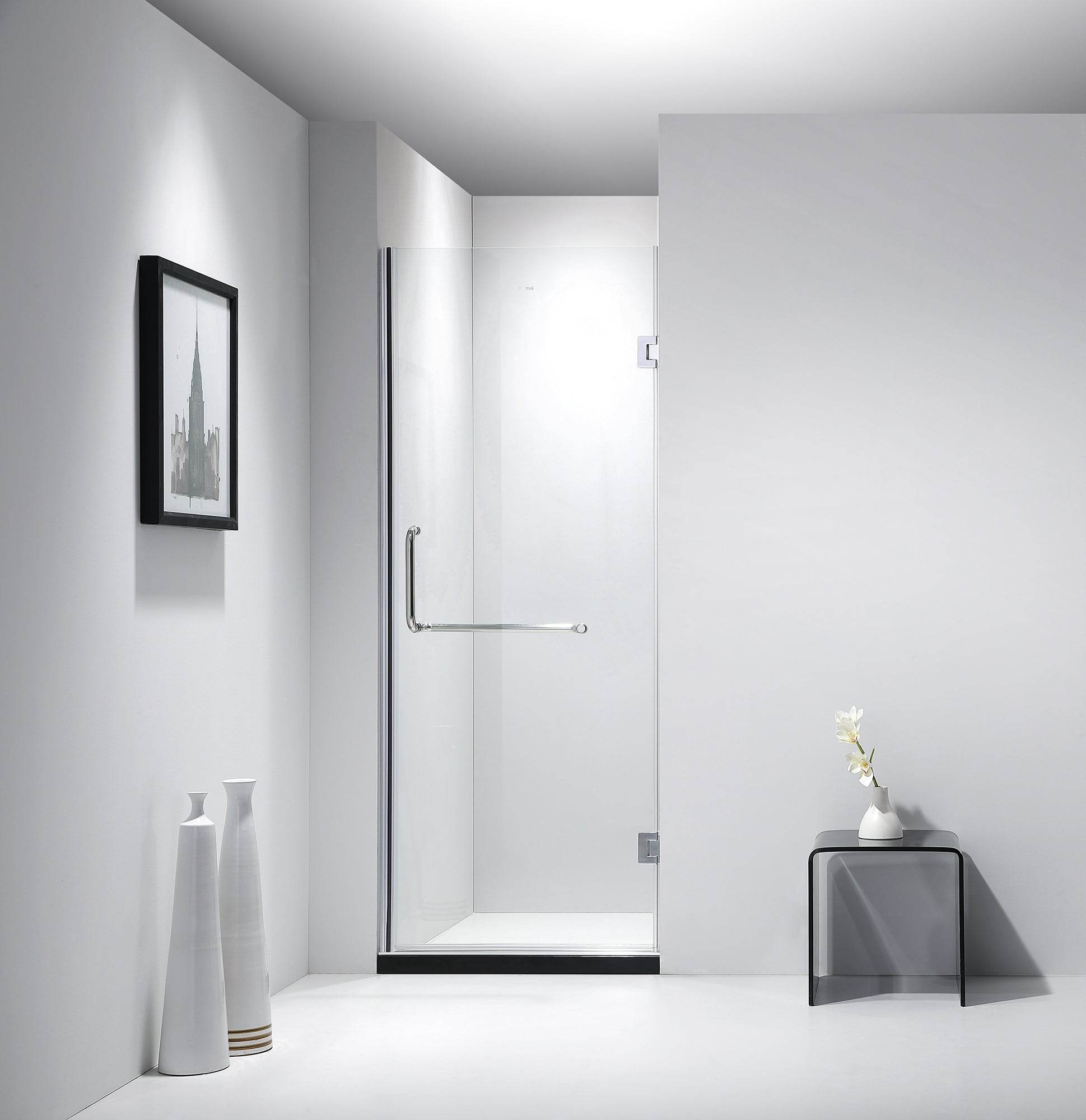 Dreamwerks 30W x 79H Frameless Hinged Shower Door - Clear & Frosted Glass Options - Perfect for Modern Bathroom Renovations and Spa-Like Showers