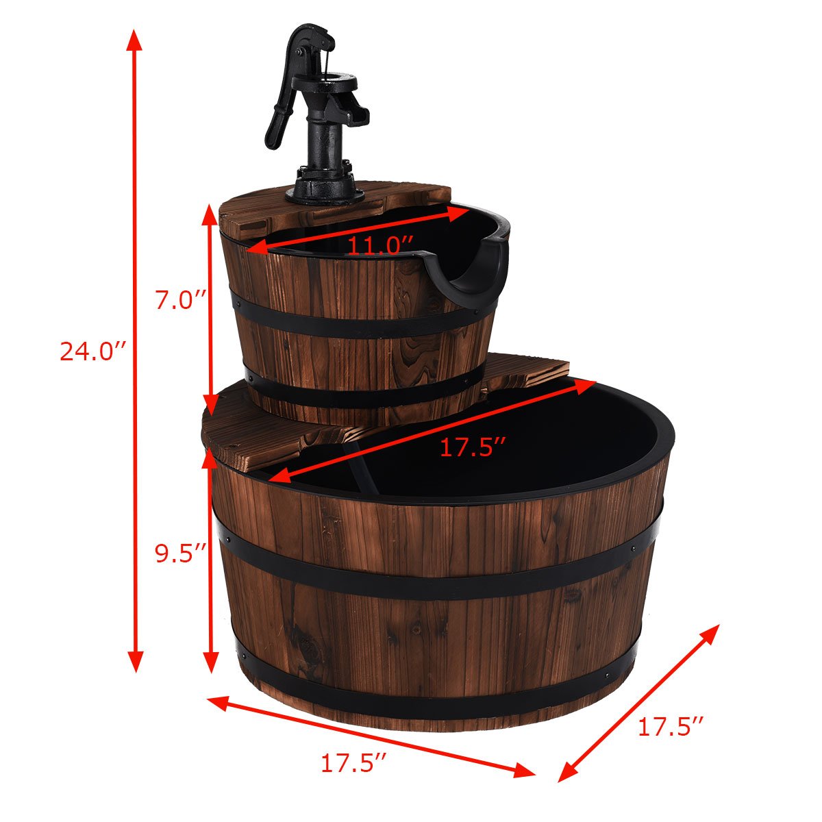 SAFSTAR 2-Tier Rustic Barrel Water Fountain with Hand Pump & Adjustable Flow - Outdoor Freestanding Garden Fountain for Patio, Backyard, Porch Decor | Perfect for Relaxing Ambience and Zen Landscaping