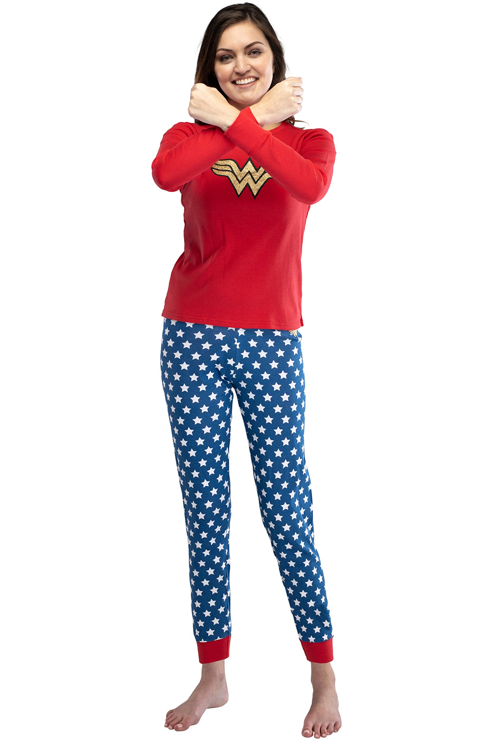 INTIMO Women's Wonder Woman Glitter Logo Pajama Set - Superhero Sleepwear for Women - Soft & Comfortable Pajamas for Lounge, Sleep & Cosplay