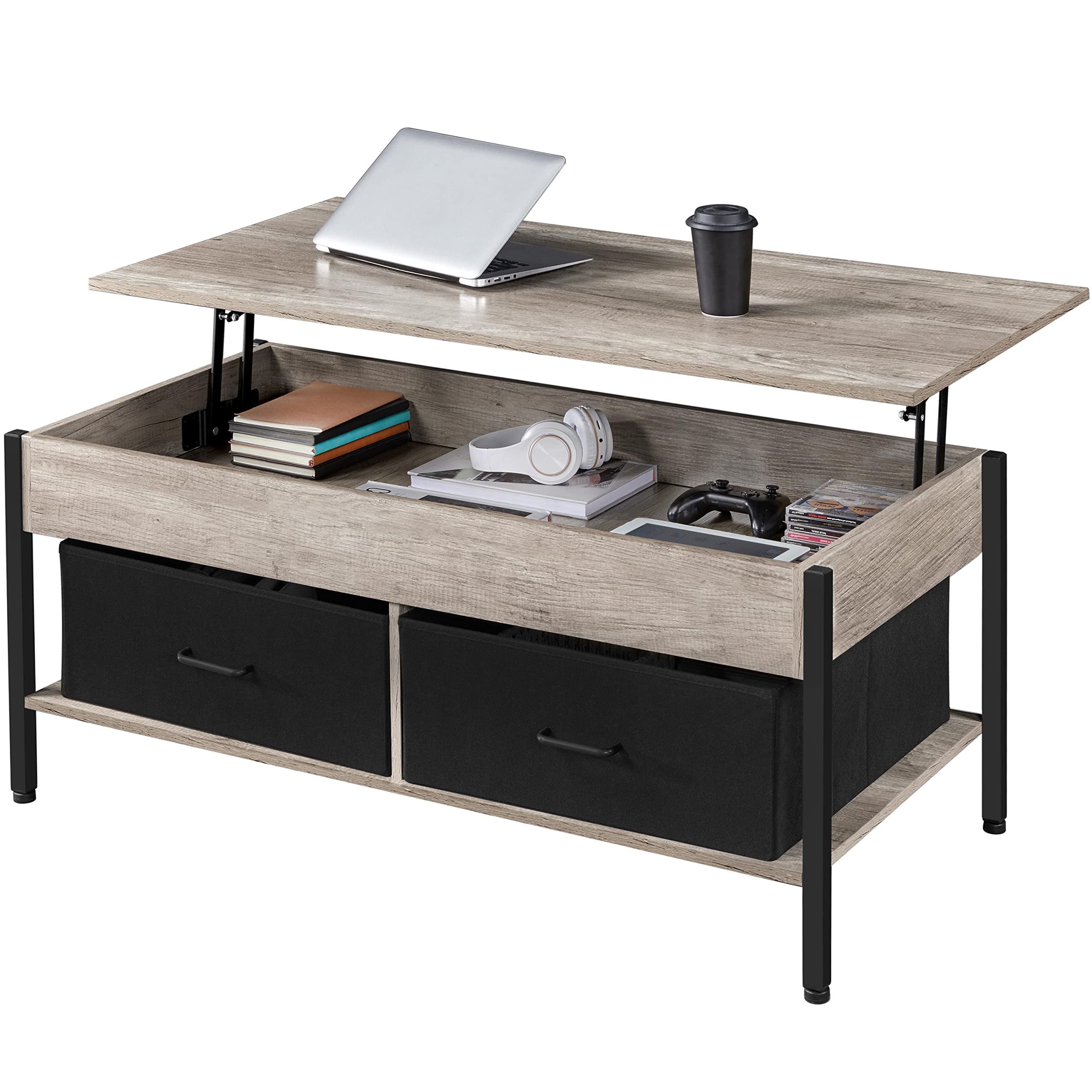 Topeakmart Lift Top Coffee Table with Hidden Storage Compartment & 2 Fabric Baskets - Rustic Brown Liftable Living Room Center Table for Remote Control, Magazines & Home Organization