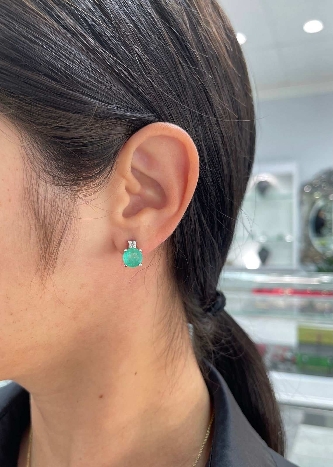 4.32tcw Round Cut Rich Blue-Green Colombian Emerald & 3 Diamond Accent 14K Gold Stackable Stud Earrings - Perfect for Weddings, Parties & Everyday Elegance