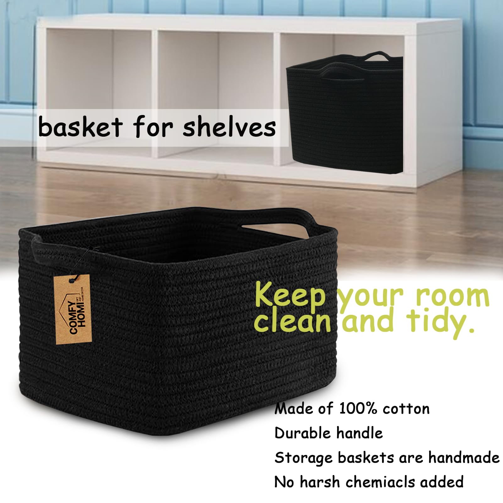 COMFY HOMI Woven Storage Baskets - Cotton Rope Organizer Bin for Shelves, Toys & Towels | Space-Saving Home Organization Solution for Bedroom, Bathroom & Living Room | All Black Decorative Storage Cube Gift