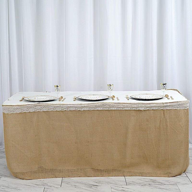 Natural Burlap Lace Table Skirt - Rustic Wedding Decor, Party Table Cover, Buffet Table Skirting for Events and Home Decor