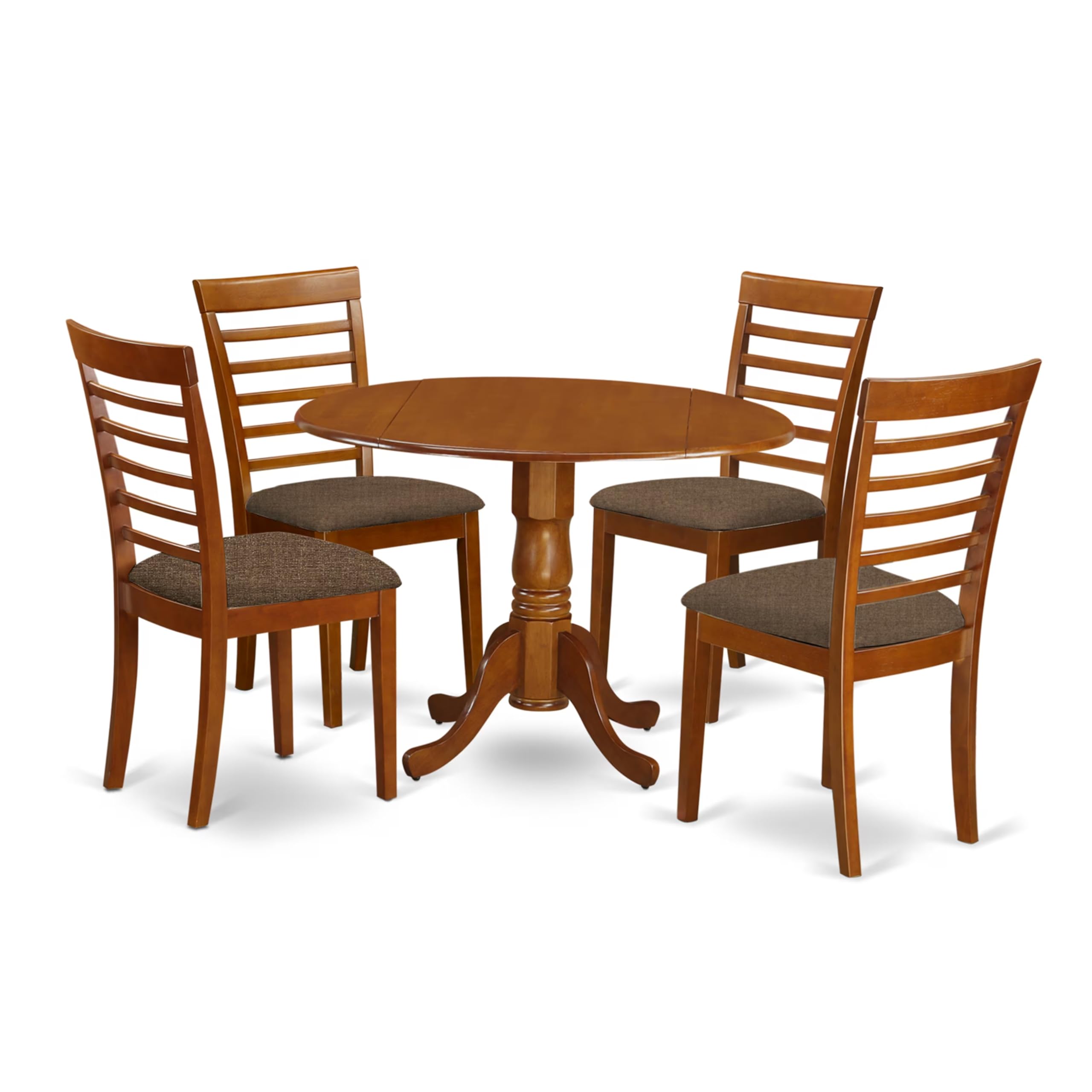 East West Furniture DLML5-SBR-C 5-Piece Round Dining Table Set with Drop Leaf & 4 Upholstered Chairs, 42x42 Inch, Saddle Brown - Perfect for Small Spaces, Breakfast Nooks & Cozy Kitchen Dining Areas