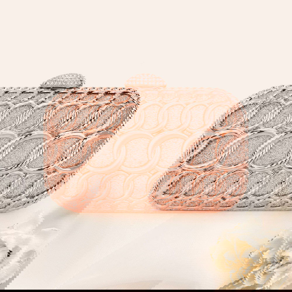 Rose Gold Evening Clutch Bag with Metal Link Chain & Glitter Embellishments - Perfect for Prom, Wedding, and Formal Events