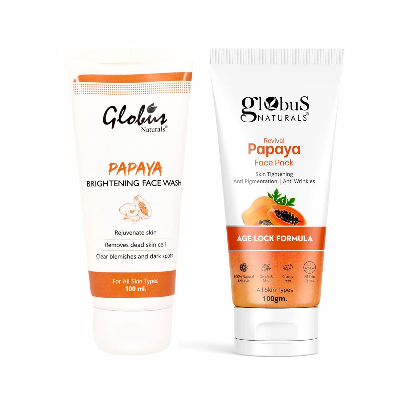Globus Naturals Tan Removal Combo - Papaya Face Wash & Face Pack (100gm Each) for Brightening & Exfoliation | Perfect for Daily Skincare & Sun Damage Repair