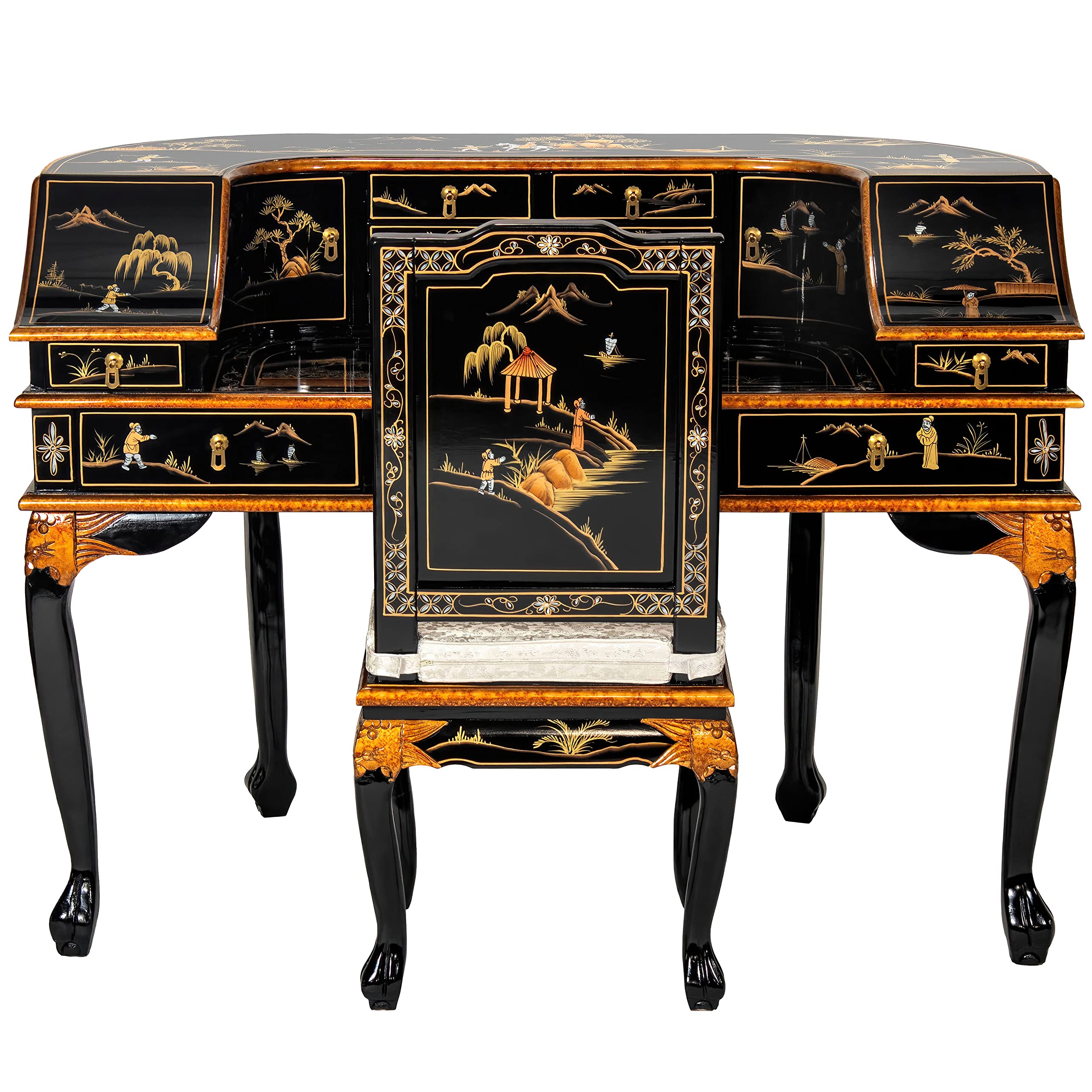 Handcrafted Black Lacquer Desk with Matching Chair - Traditional Red Lantern Design - Perfect for Home Office, Study Room & Asian-Inspired Decor