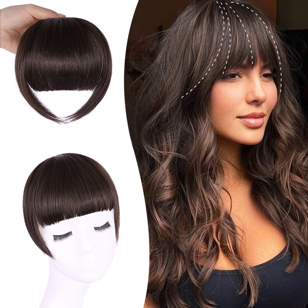 Ekan Clip On Hair Bangs - Natural Dark Brown Front Hair Fringe Extension Wig Band Headband for Women & Girls | Perfect for Cosplay, Costume Parties & Daily Styling