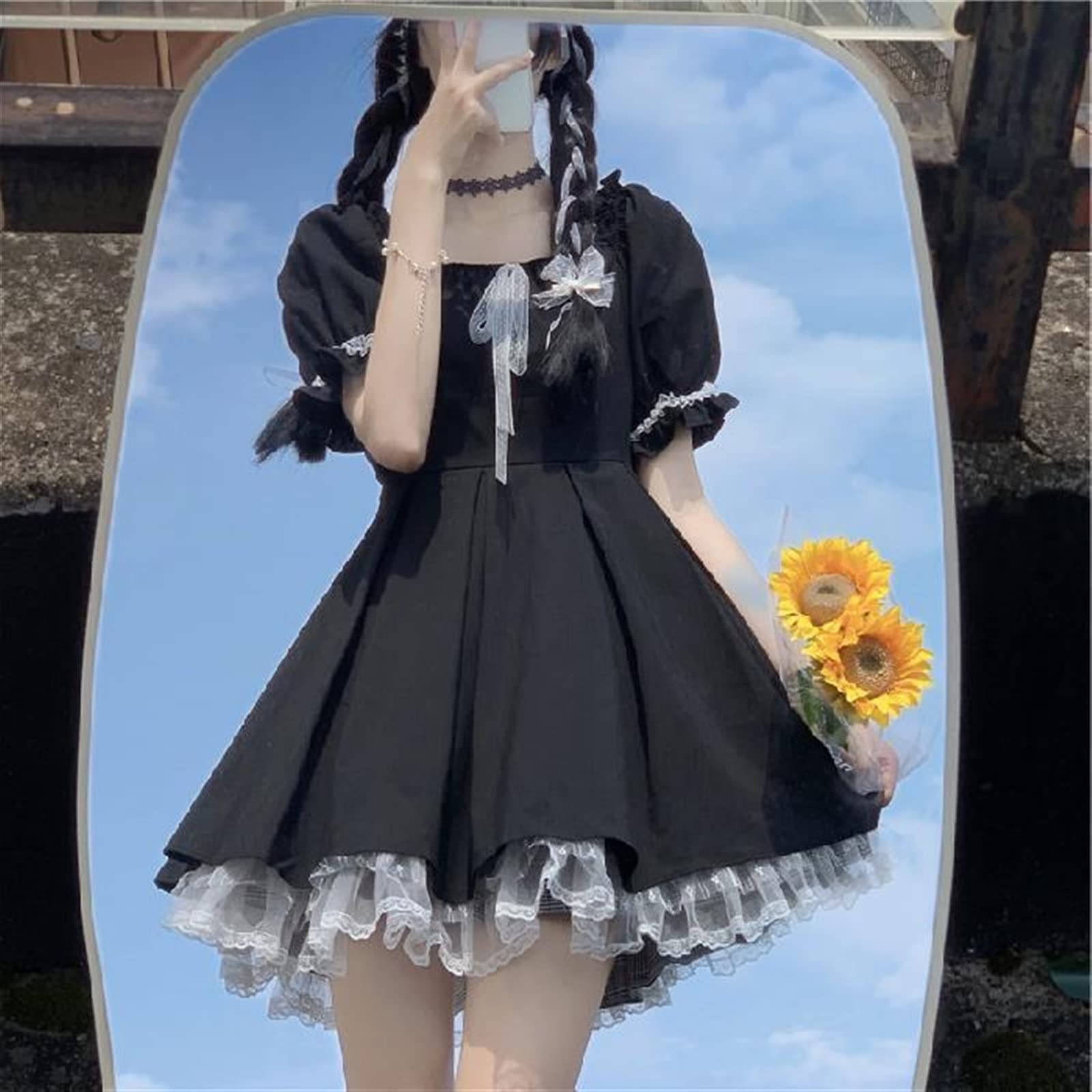 Japanese Sweet Lolita Cute Lace Puff Sleeve Black Puffy Dress for Women - Summer Gothic Kawaii Fashion (Black, Medium) | Perfect for Cosplay, Tea Parties, and Anime Conventions