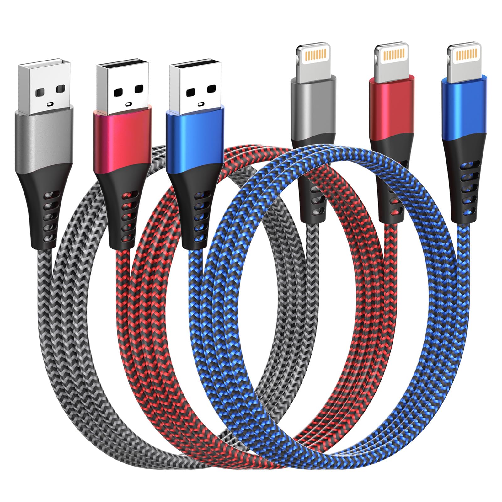 3-Pack Apple MFi Certified Lightning Cable 2M/6.6ft - Fast Charging Nylon Braided USB Cable for iPhone 14/13/12/11/XS/XR/X/8/7/6/SE/5S & iPad - Durable Long Charger Cord for Home, Office, Car & Travel