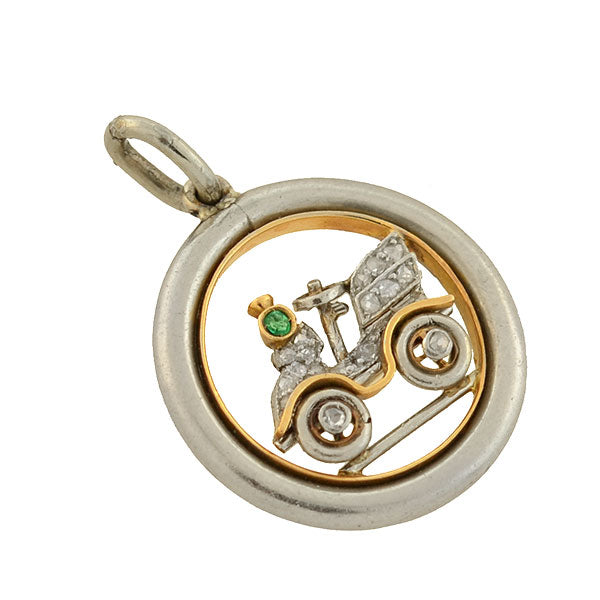 Vintage Edwardian Platinum & 14K Gold Diamond Emerald Car Charm Pendant - Perfect for Necklace, Bracelet & Jewelry Collection - Ideal Gift for Car Lovers & Antique Jewelry Enthusiasts