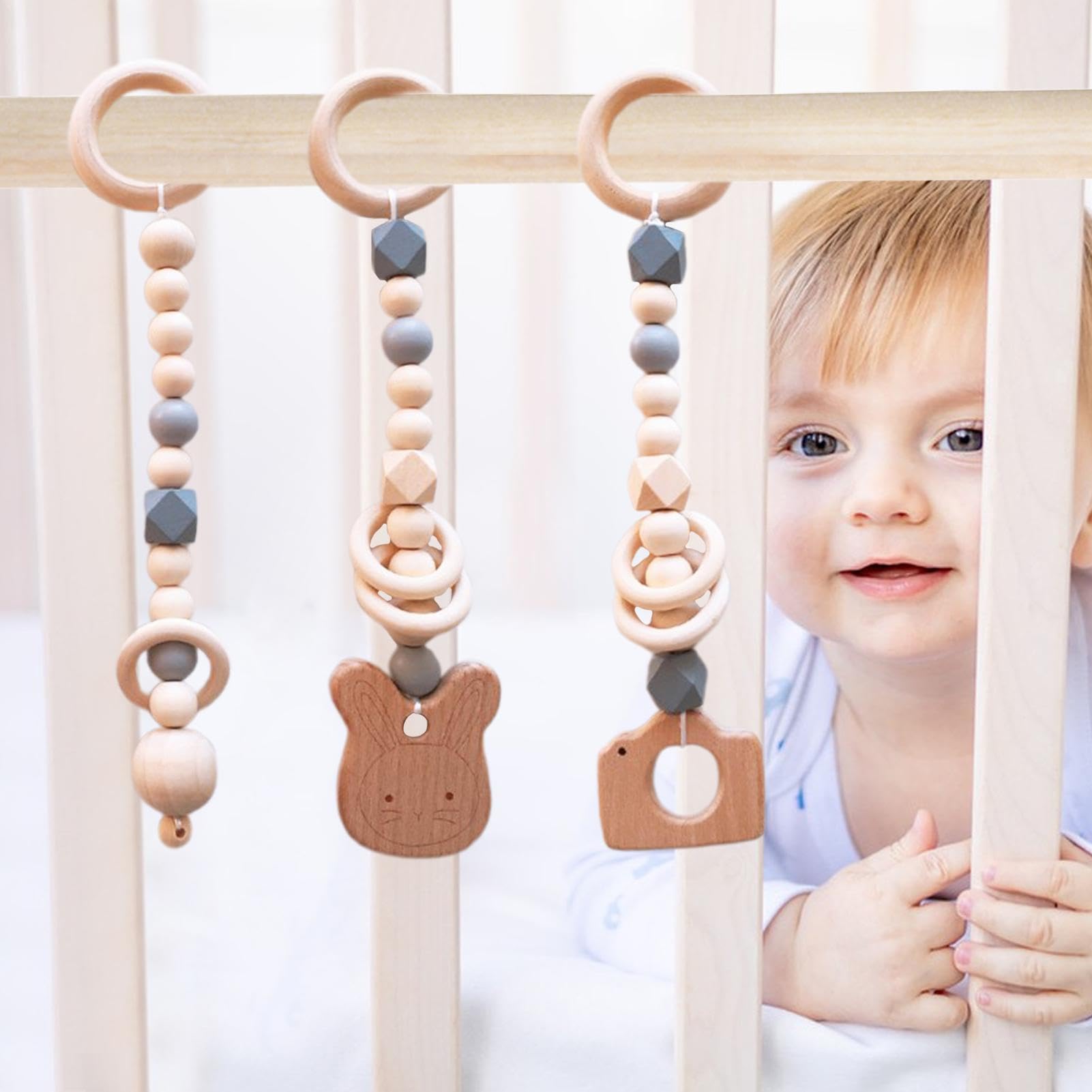 Wooden Baby Play Gym with Hanging Toys - Montessori Crib & Stroller Activity Toy for Infants Boys & Girls | Perfect for Nursery Decor, Birthday Gifts & Early Childhood Development